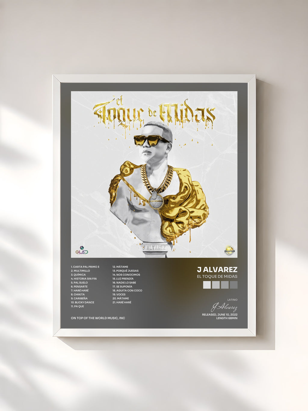 #blanc Tableau de l'album El Toque de Midas de J Alvarez, cadre blanc, imprimé et encadré en France