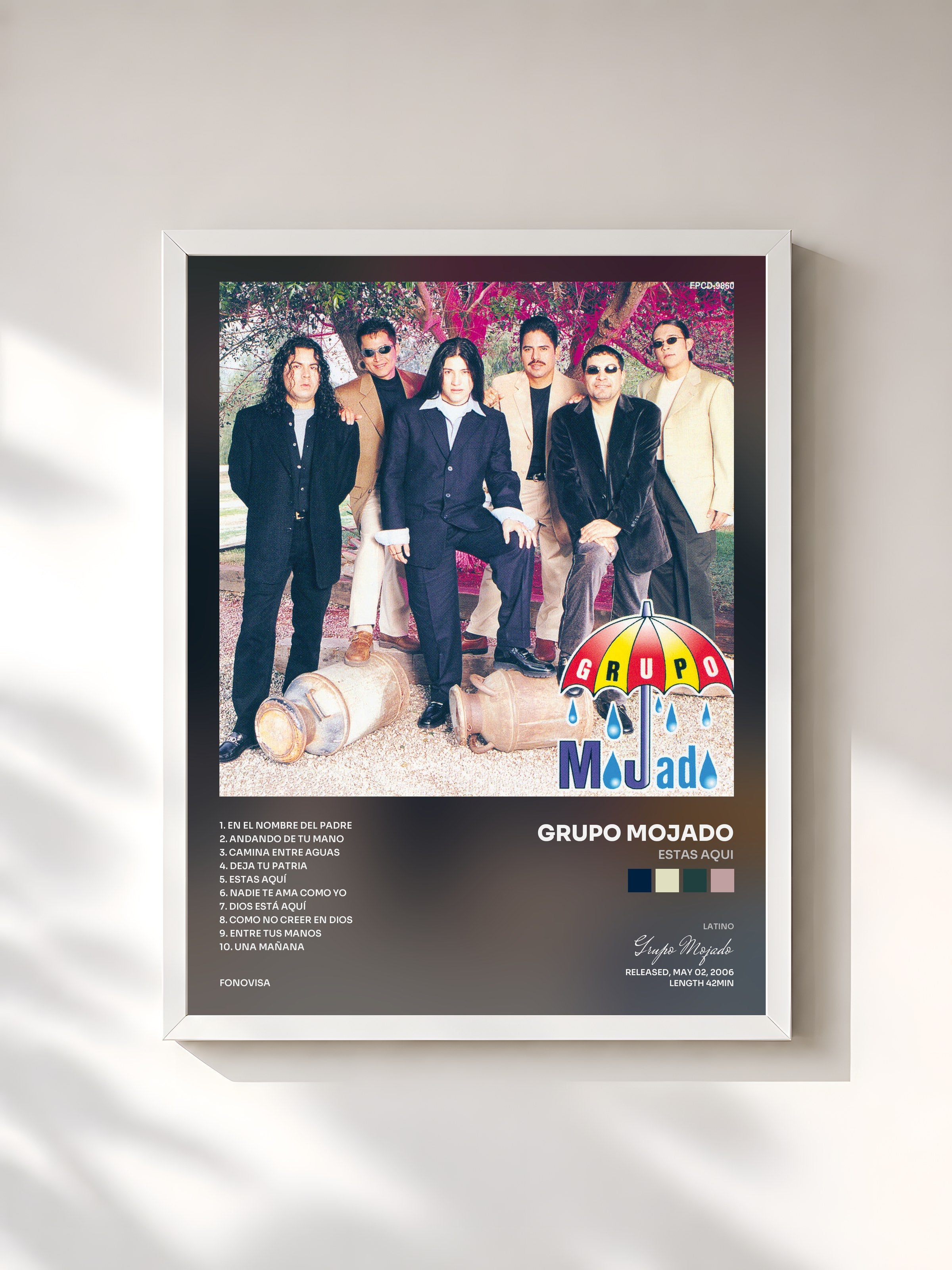 #blanc Tableau de l'album Estas Aqui de Grupo Mojado, cadre blanc, imprimé et encadré en France