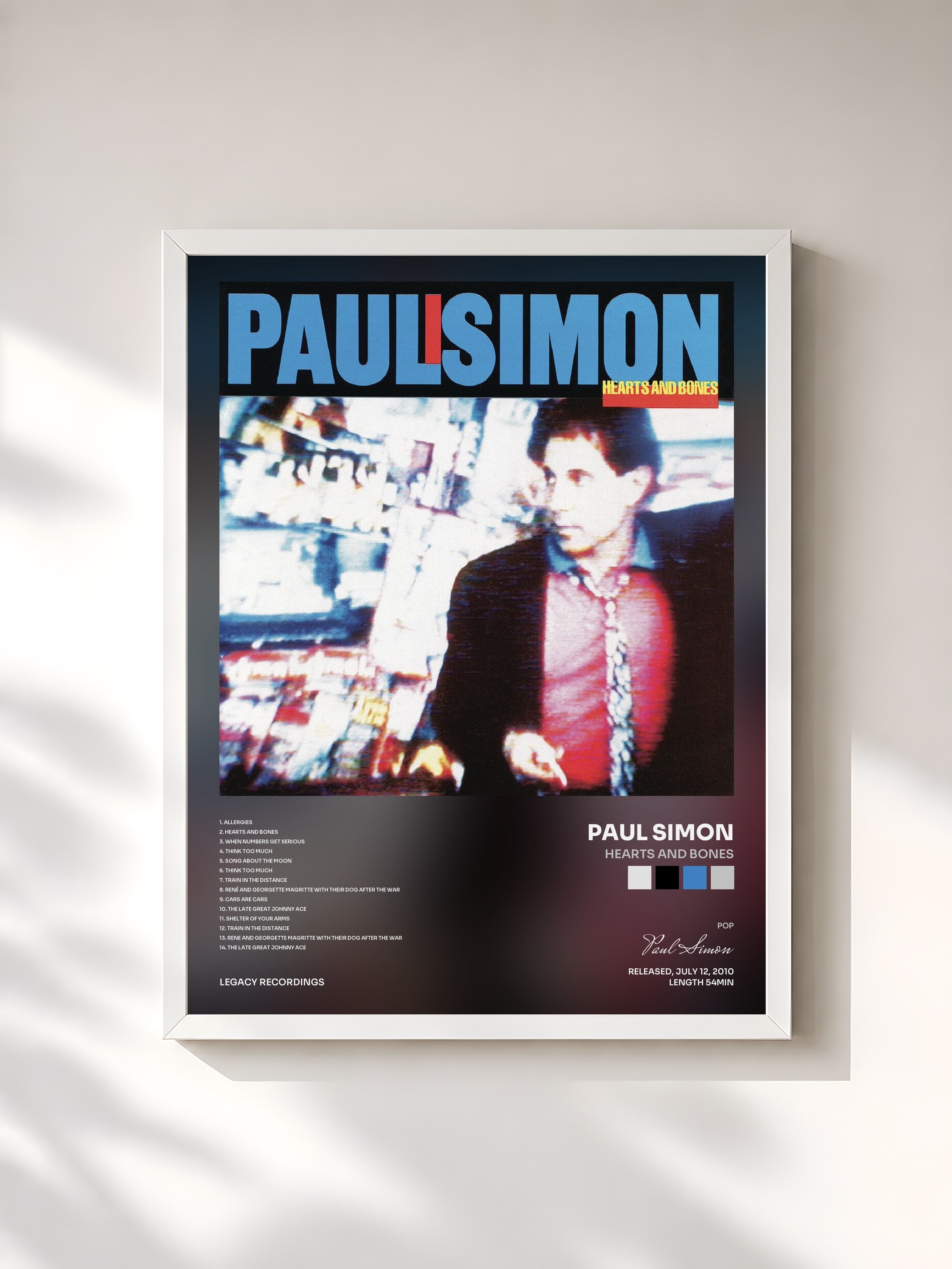 #blanc Tableau de l'album Hearts And Bones de Paul Simon, cadre blanc, imprimé et encadré en France