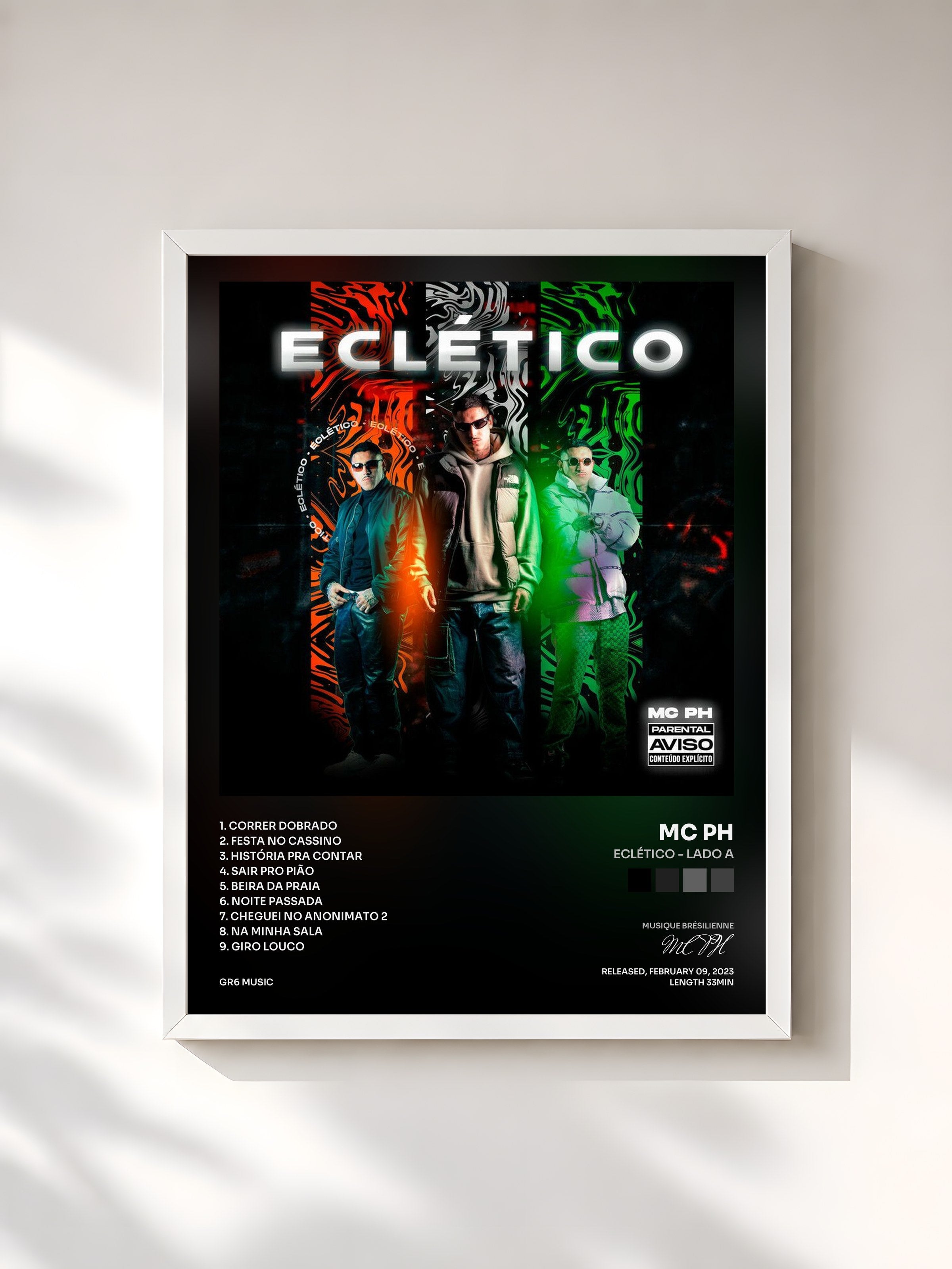 #blanc Tableau de l'album ECLÉTICO - LADO A de MC PH, cadre blanc, imprimé et encadré en France