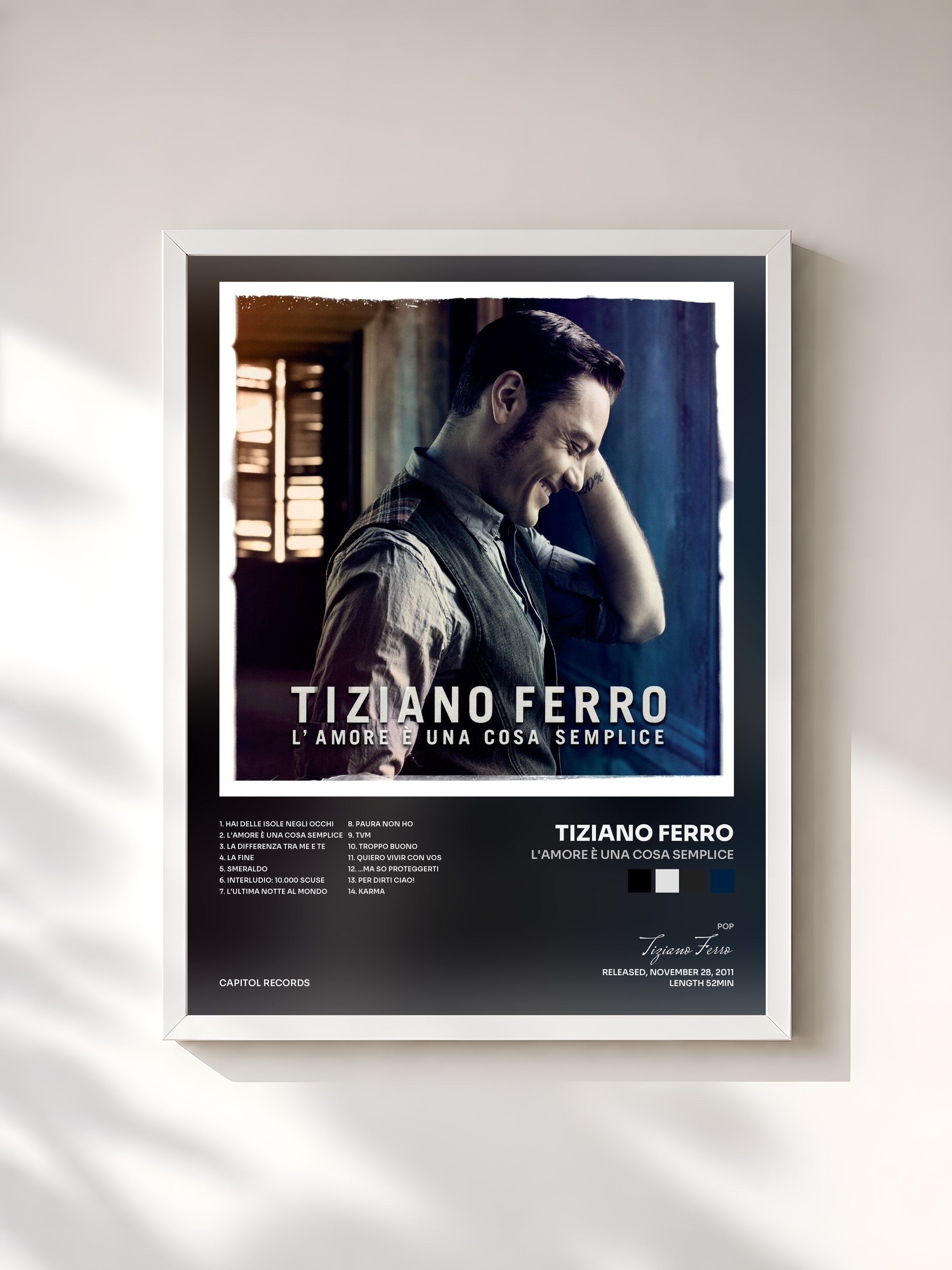 #blanc Tableau de l'album L'Amore è Una Cosa Semplice de Tiziano Ferro, cadre blanc, imprimé et encadré en France
