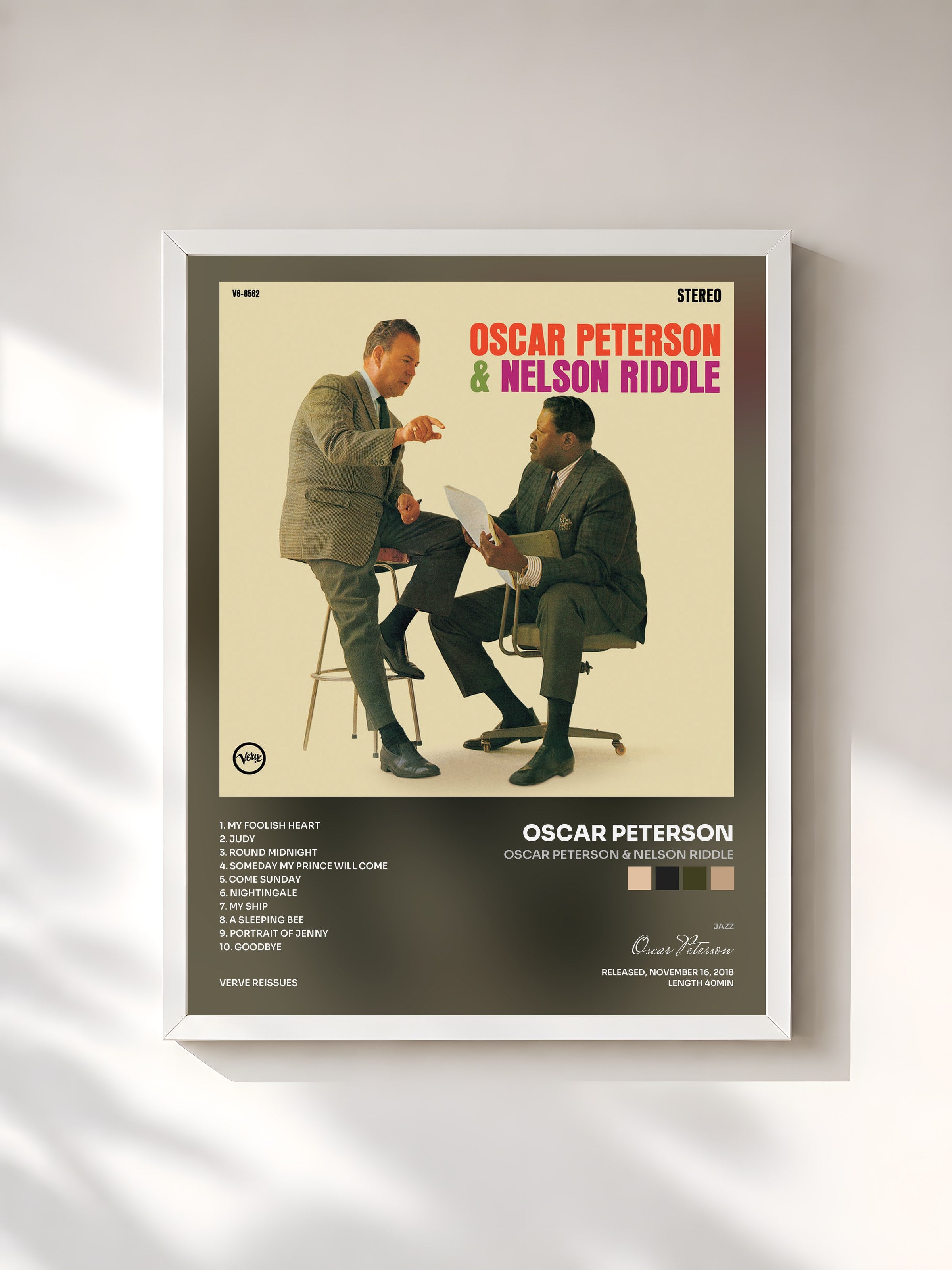 #blanc Tableau de l'album Oscar Peterson & Nelson Riddle de Oscar Peterson, cadre blanc, imprimé et encadré en France