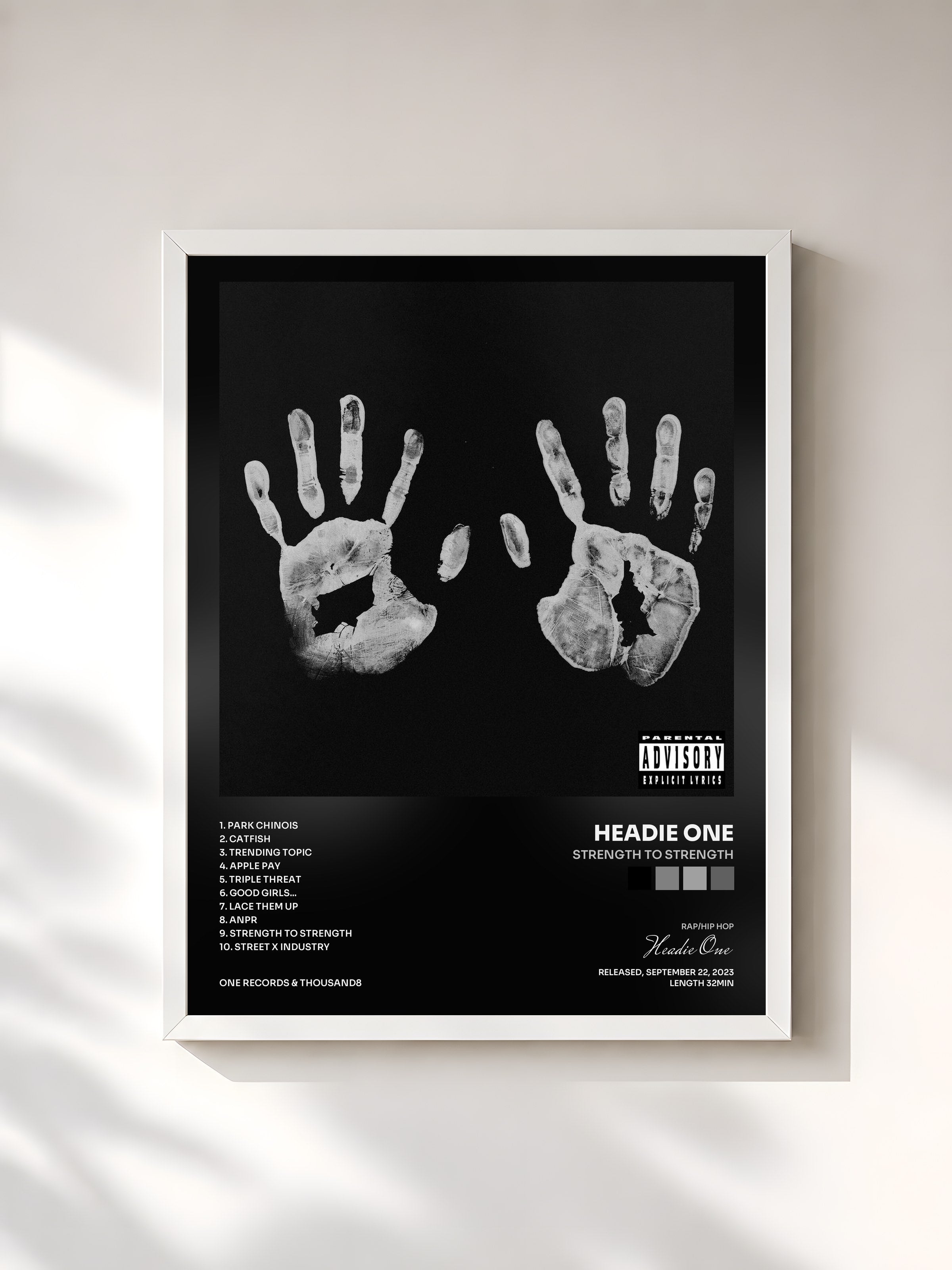 #blanc Tableau de l'album STRENGTH TO STRENGTH de Headie One, cadre blanc, imprimé et encadré en France