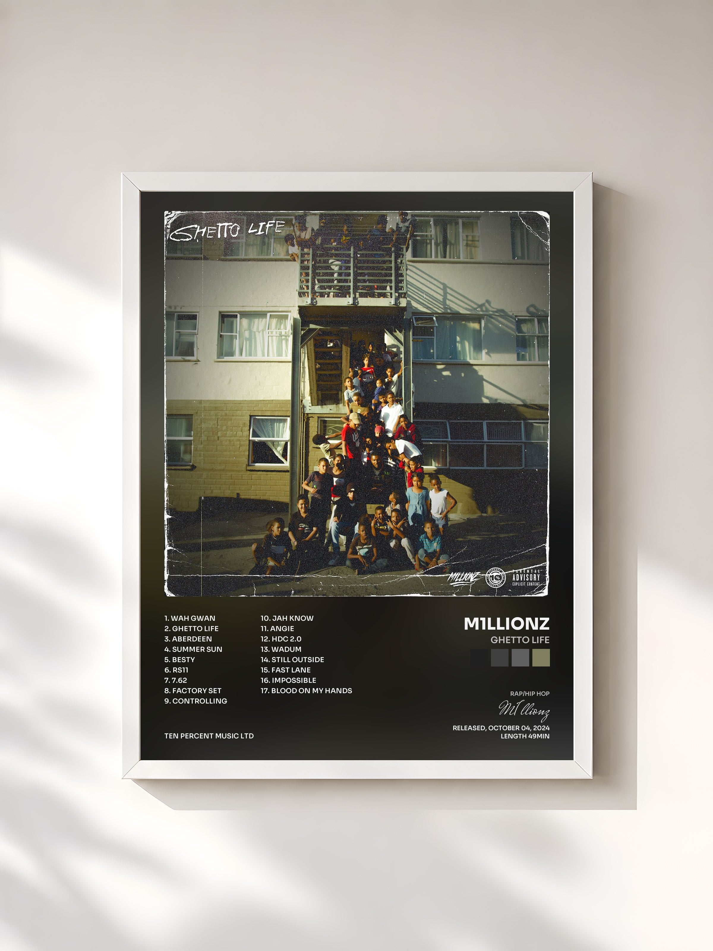 #blanc Tableau de l'album Ghetto Life de M1llionz, cadre blanc, imprimé et encadré en France