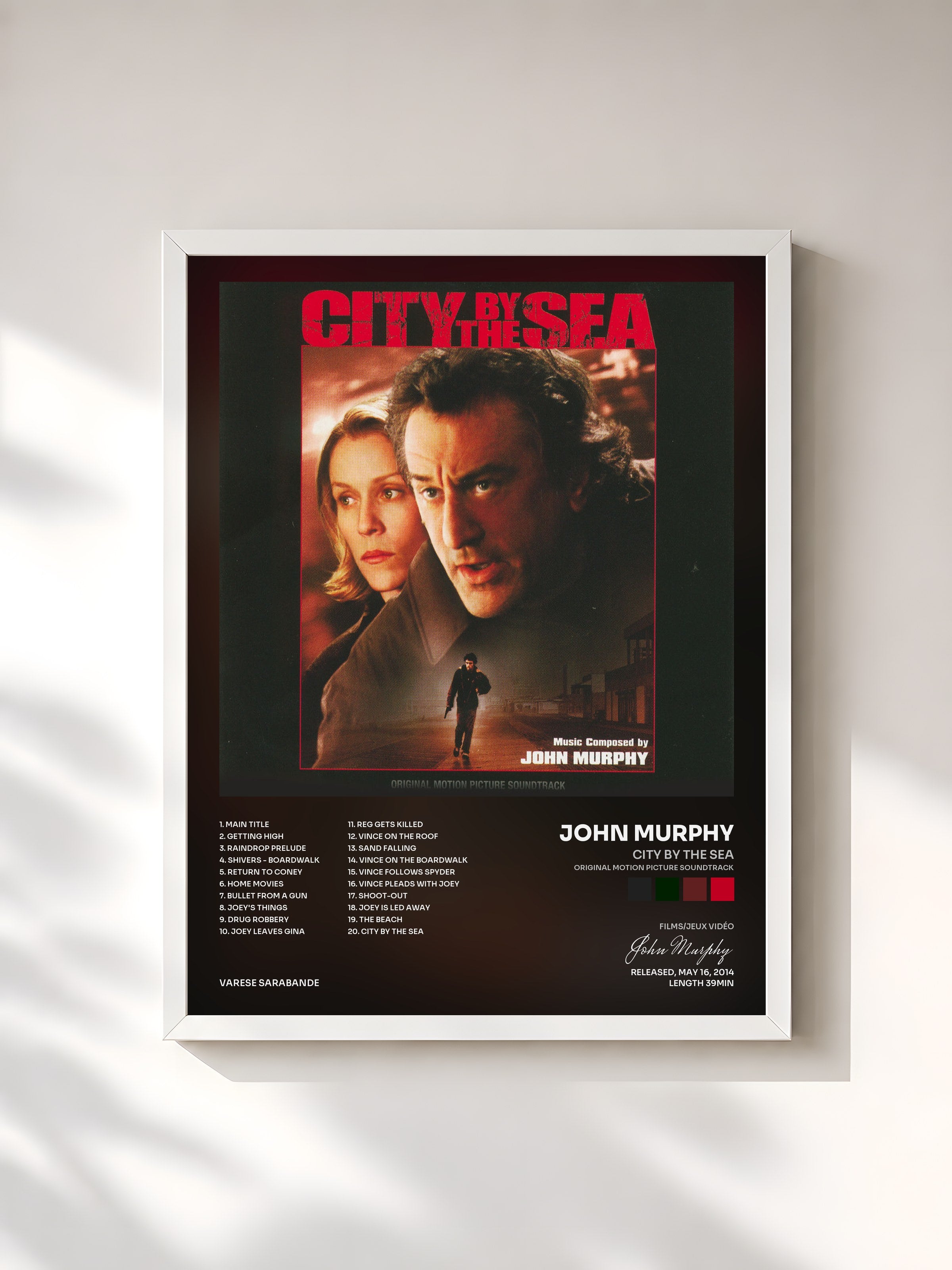 #blanc Tableau de l'album City By The Sea (Original Motion Picture Soundtrack) de John Murphy, cadre blanc, imprimé et encadré en France