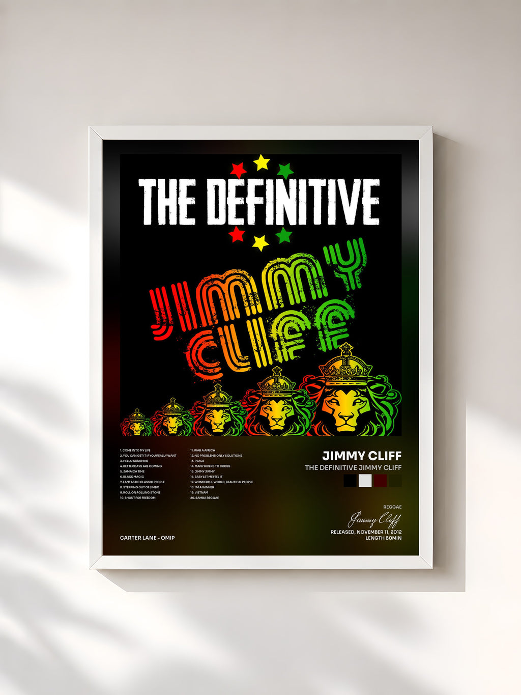 #blanc Tableau de l'album The Definitive Jimmy Cliff de Jimmy Cliff, cadre blanc, imprimé et encadré en France
