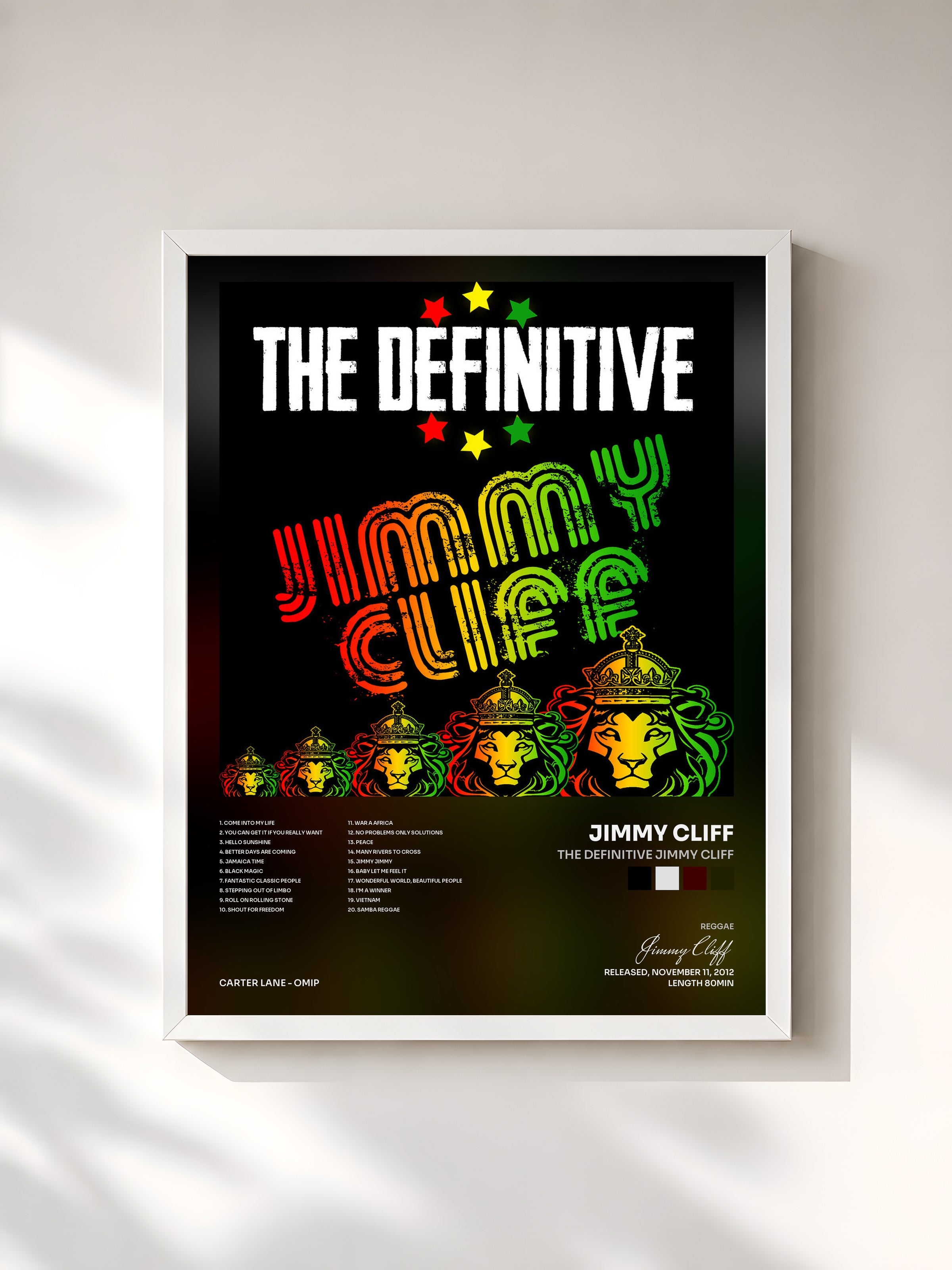#blanc Tableau de l'album The Definitive Jimmy Cliff de Jimmy Cliff, cadre blanc, imprimé et encadré en France