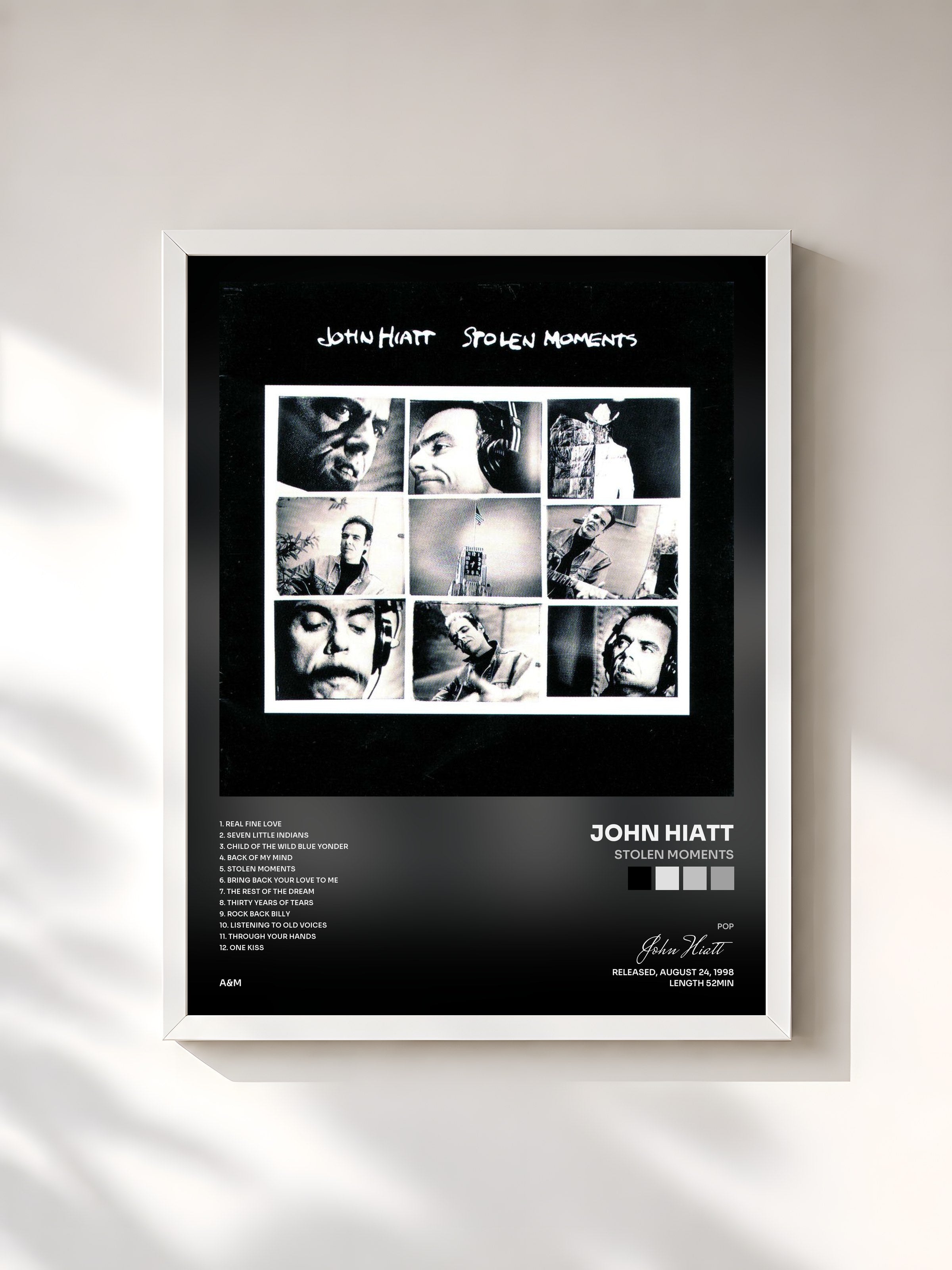 #blanc Tableau de l'album Stolen Moments de John Hiatt, cadre blanc, imprimé et encadré en France