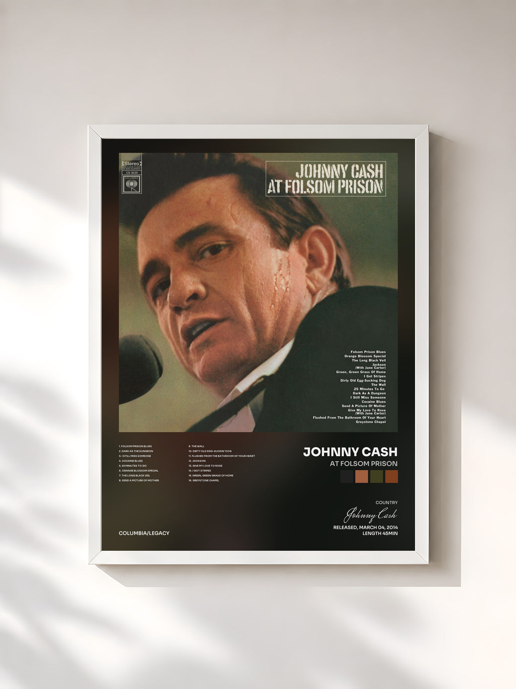 #blanc Tableau de l'album At Folsom Prison de Johnny Cash, cadre blanc, imprimé et encadré en France