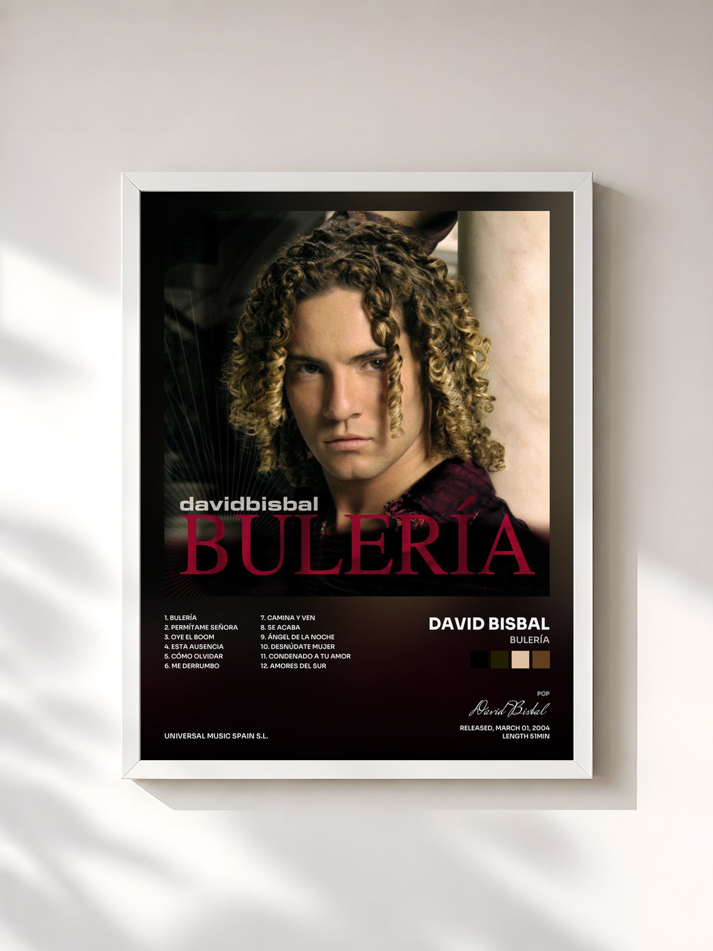 #blanc Tableau de l'album Bulería de David Bisbal, cadre blanc, imprimé et encadré en France