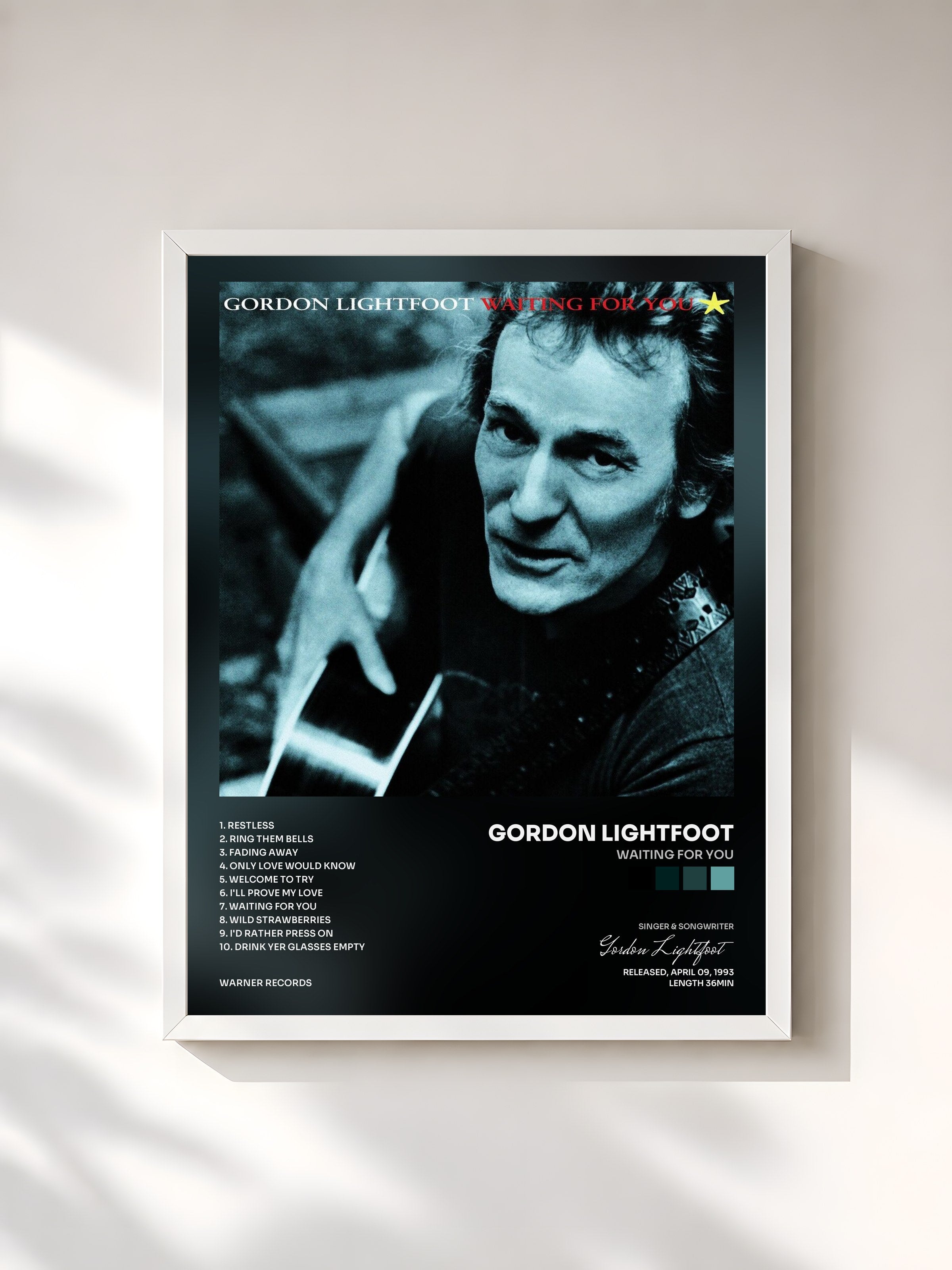 #blanc Tableau de l'album Waiting for You de Gordon Lightfoot, cadre blanc, imprimé et encadré en France