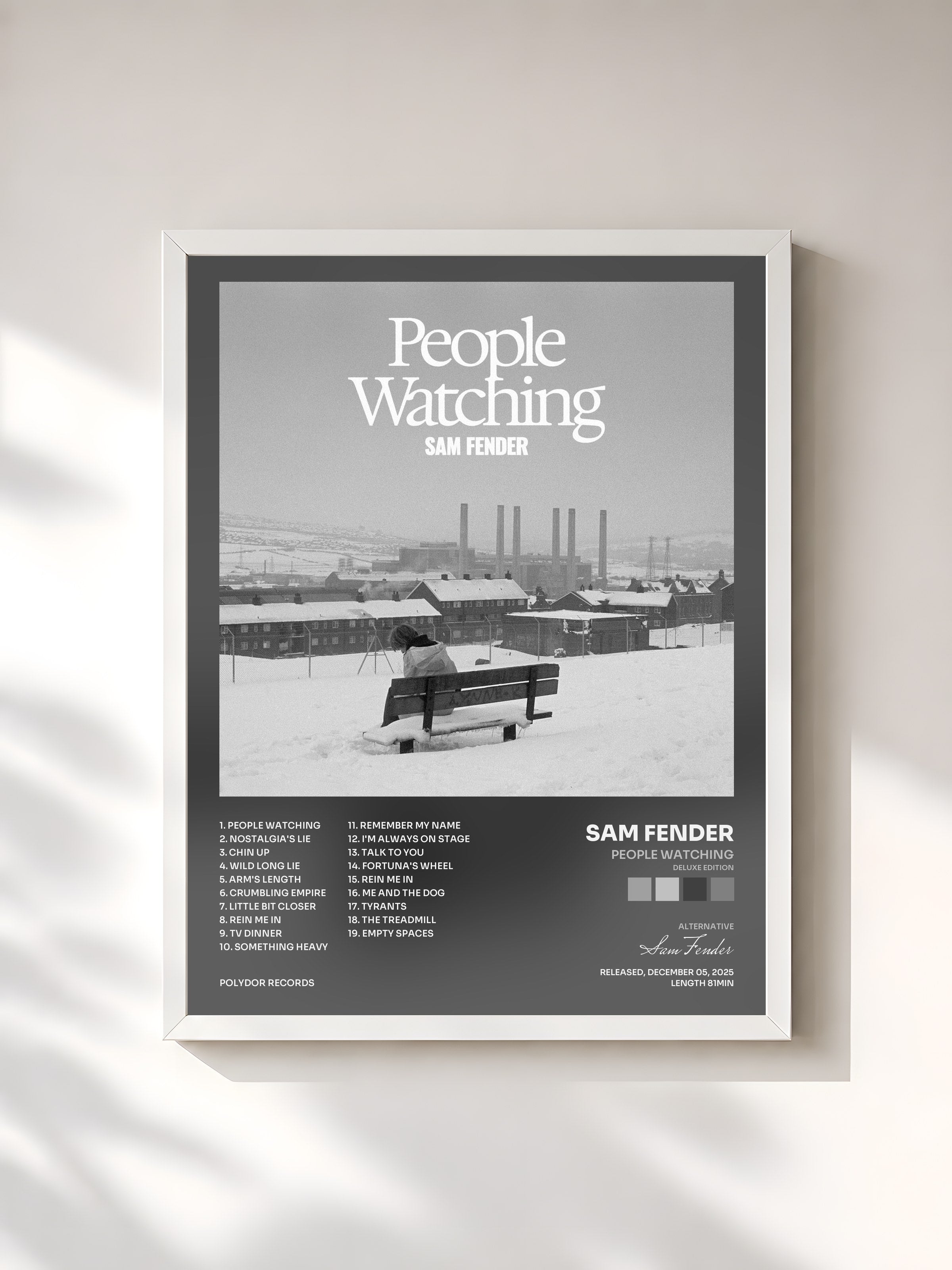 #blanc Tableau de l'album People Watching (Deluxe Edition) de Sam Fender, cadre blanc, imprimé et encadré en France