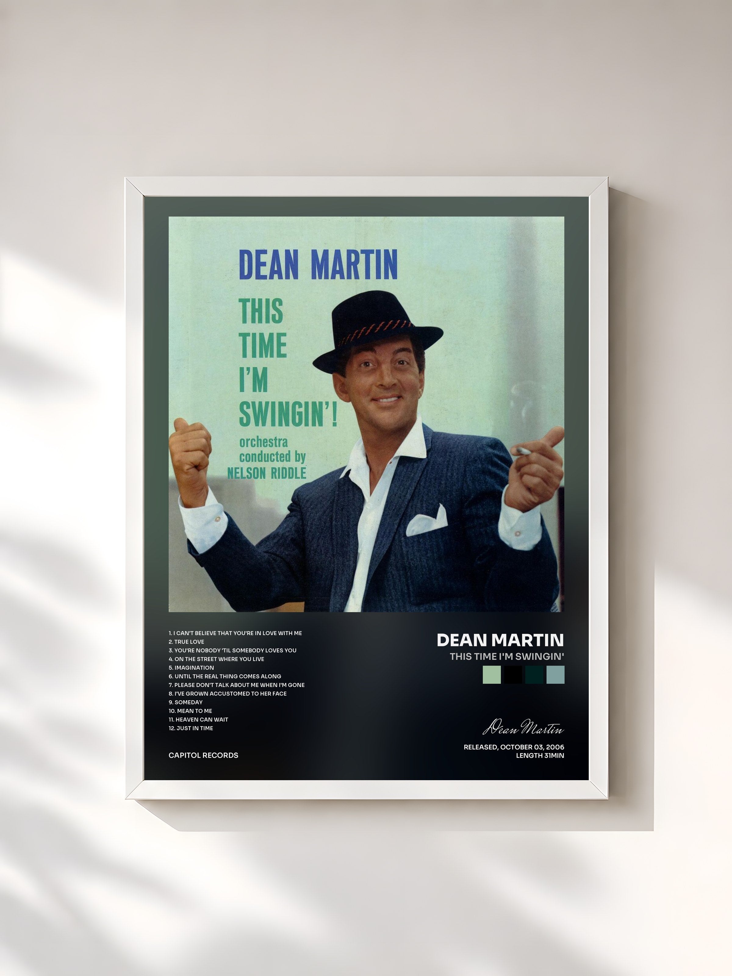 #blanc Tableau de l'album This Time I'm Swingin' de Dean Martin, cadre blanc, imprimé et encadré en France