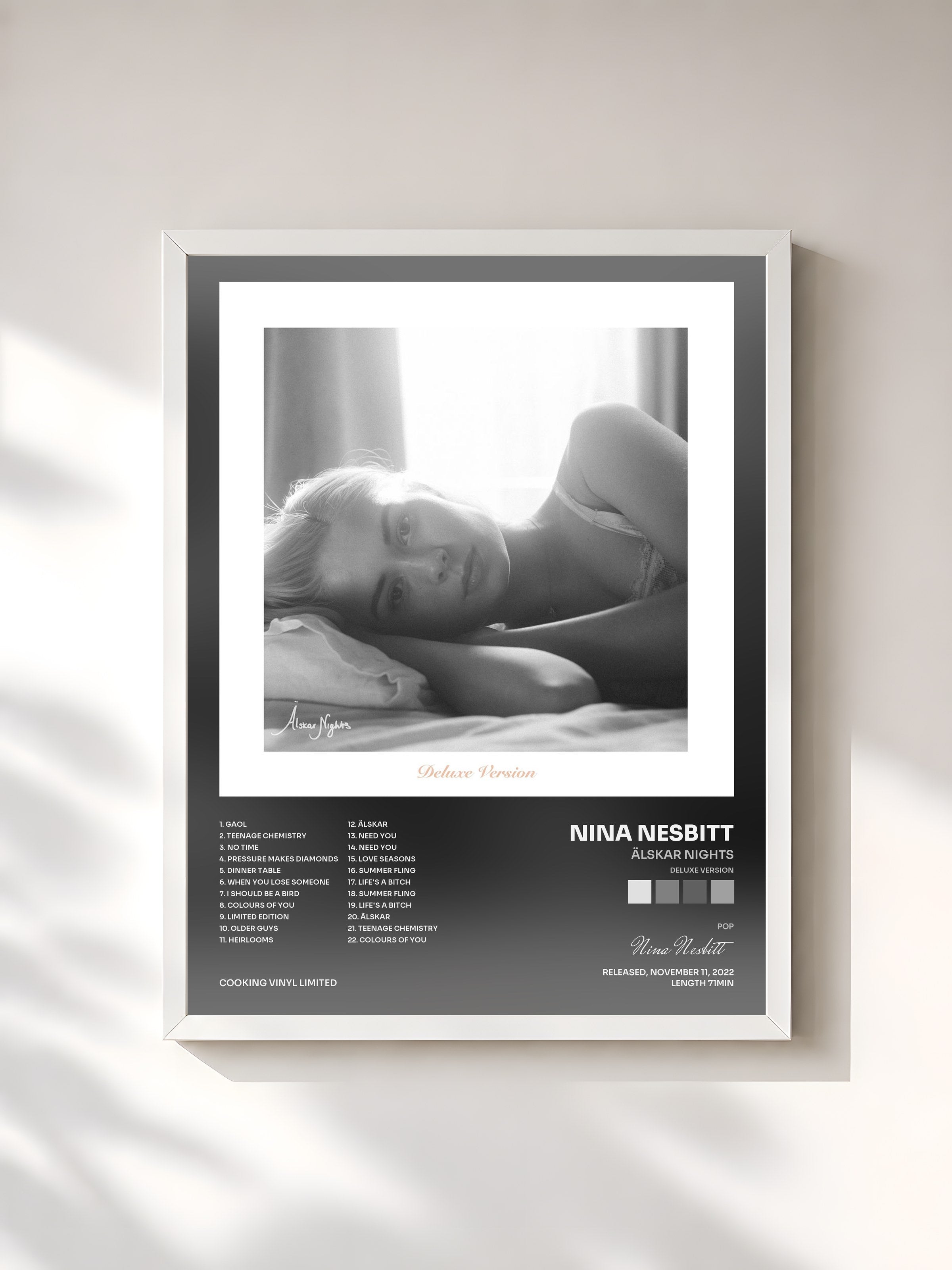 #blanc Tableau de l'album Älskar Nights (Deluxe Version) de Nina Nesbitt, cadre blanc, imprimé et encadré en France