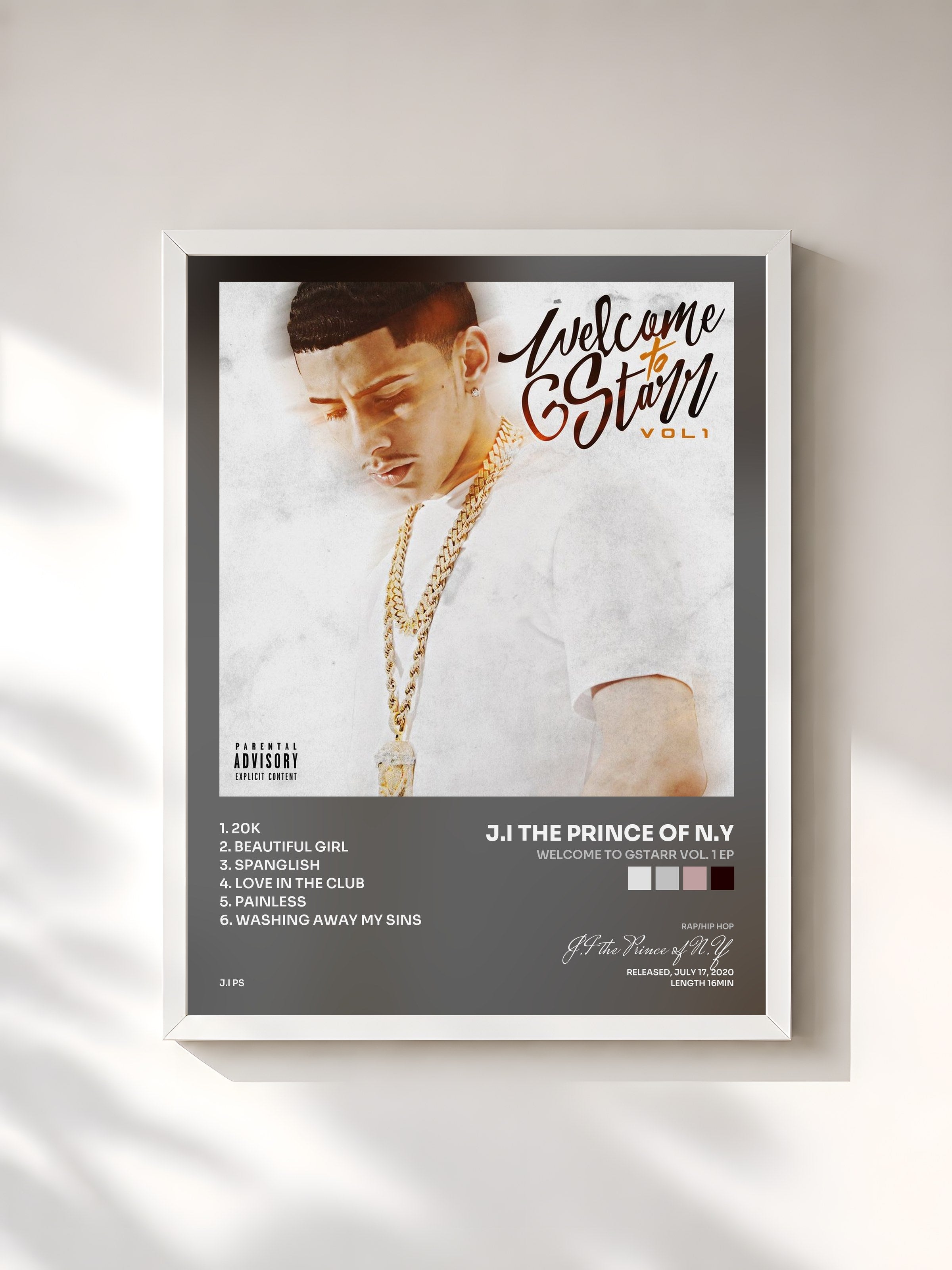#blanc Tableau de l'album Welcome to GStarr Vol. 1 EP de J.I the Prince of N.Y, cadre blanc, imprimé et encadré en France