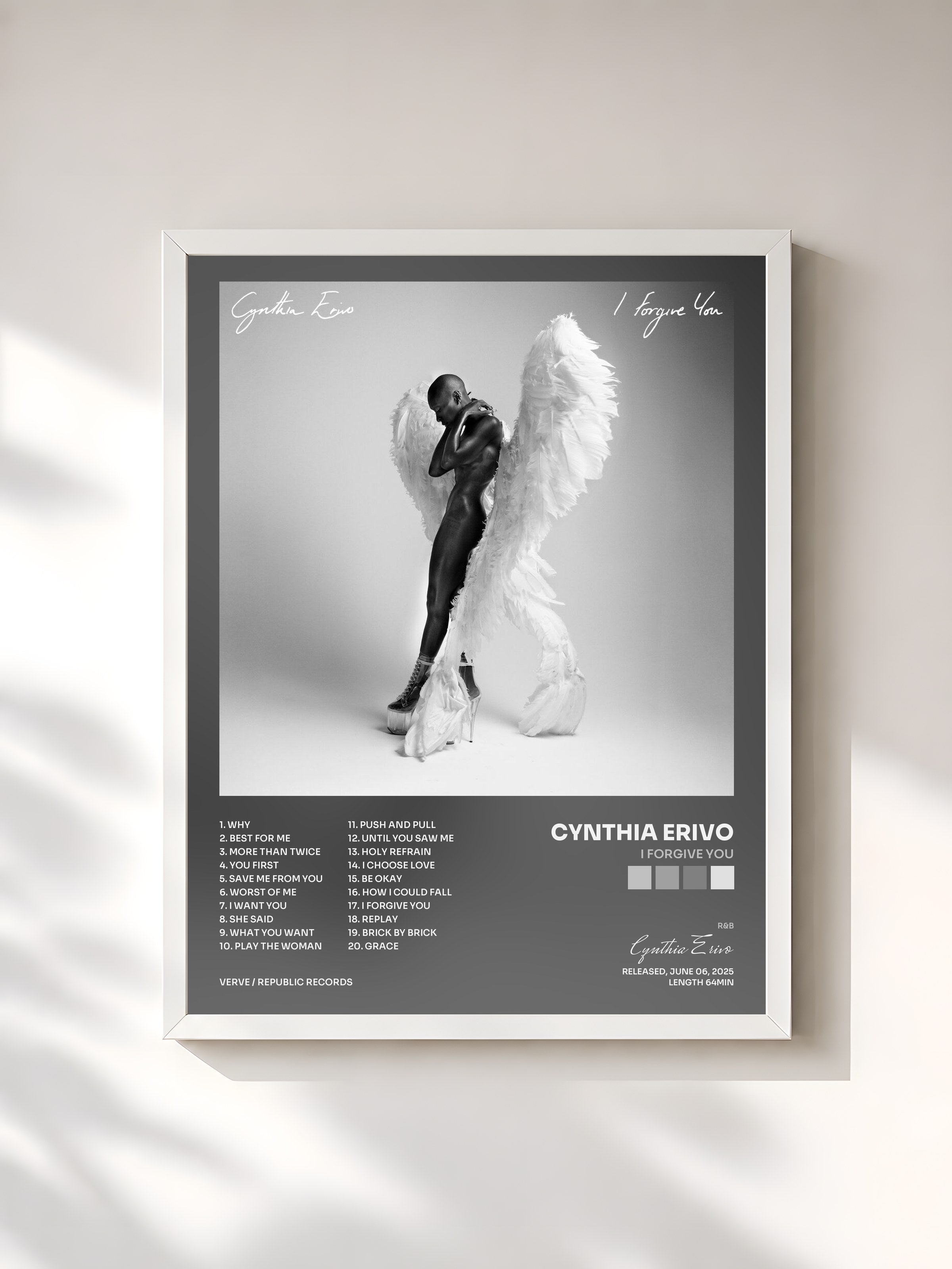 #blanc Tableau de l'album I Forgive You de Cynthia Erivo, cadre blanc, imprimé et encadré en France