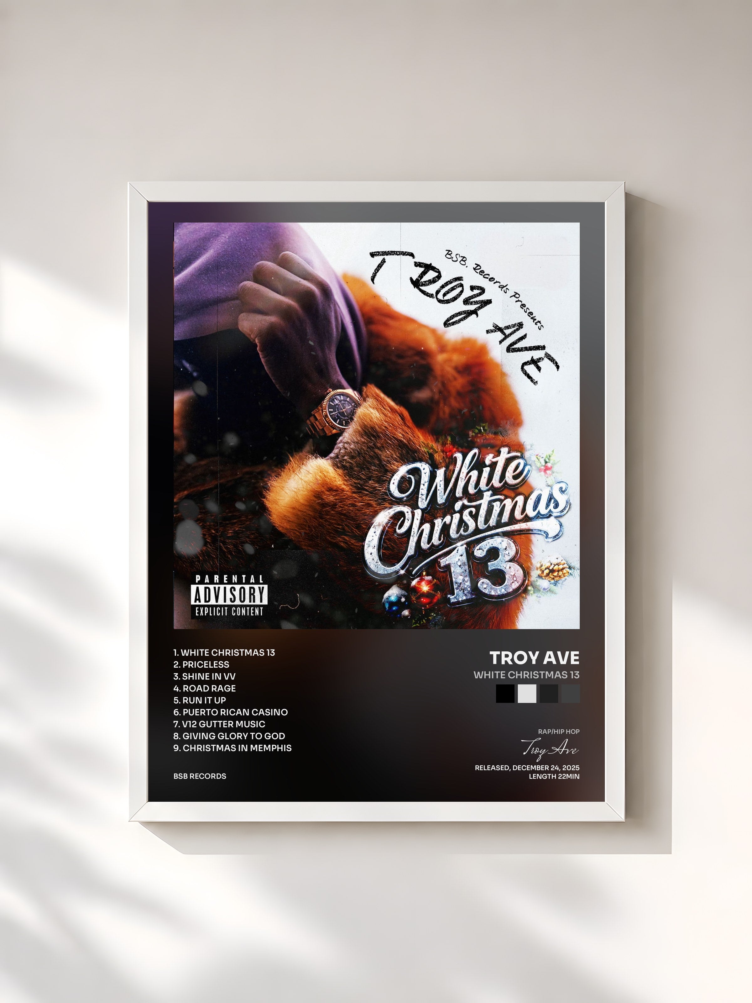 #blanc Tableau de l'album White Christmas 13 de Troy Ave, cadre blanc, imprimé et encadré en France