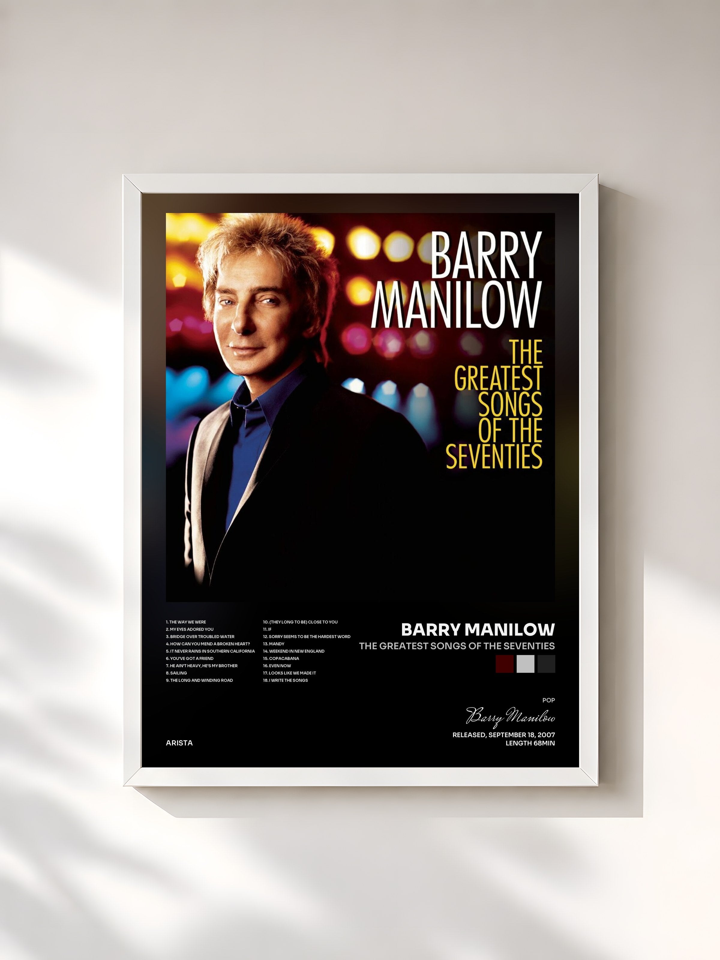 #blanc Tableau de l'album The Greatest Songs Of The Seventies de Barry Manilow, cadre blanc, imprimé et encadré en France