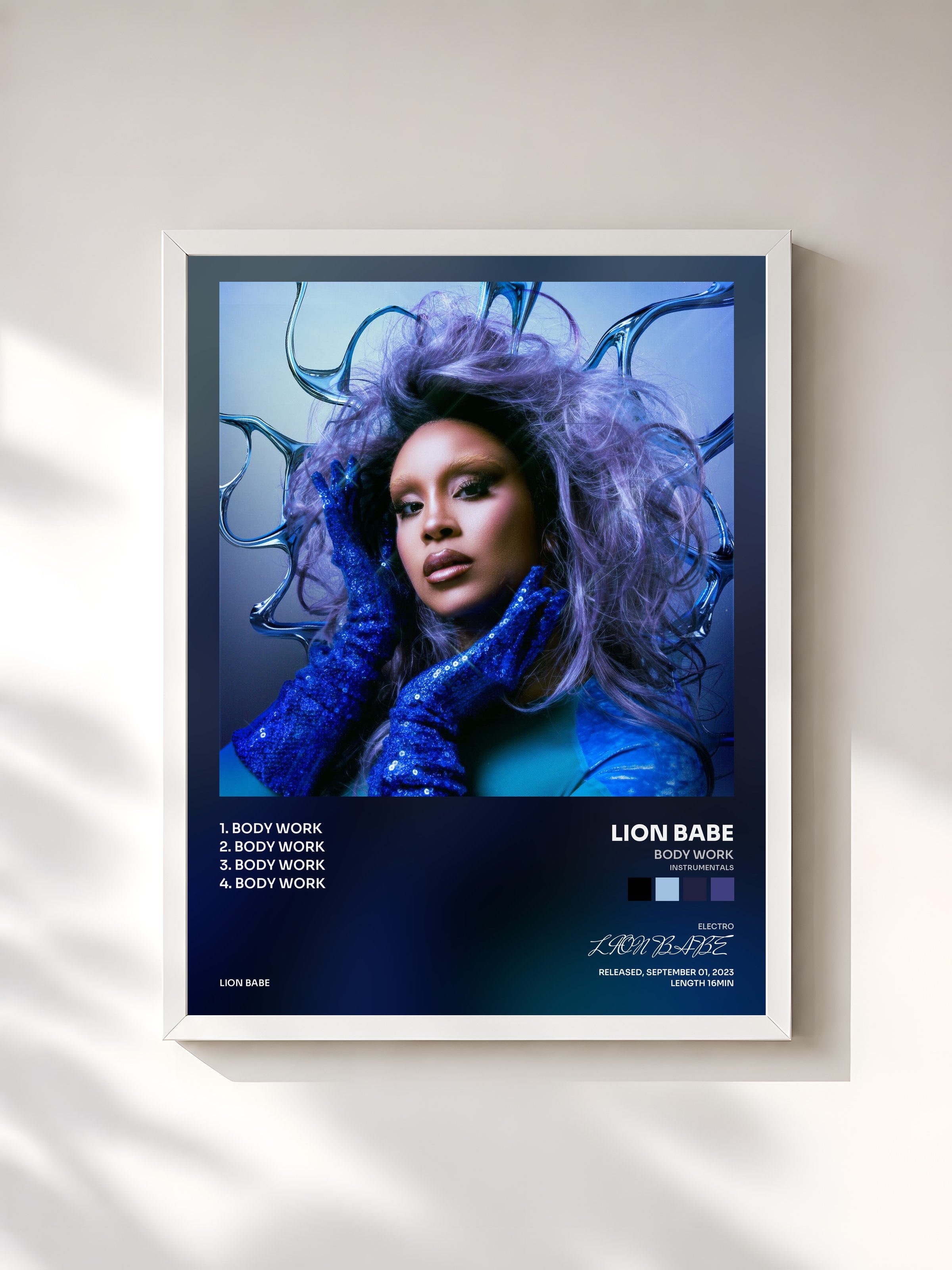 #blanc Tableau de l'album Body Work (Instrumentals) de LION BABE, cadre blanc, imprimé et encadré en France