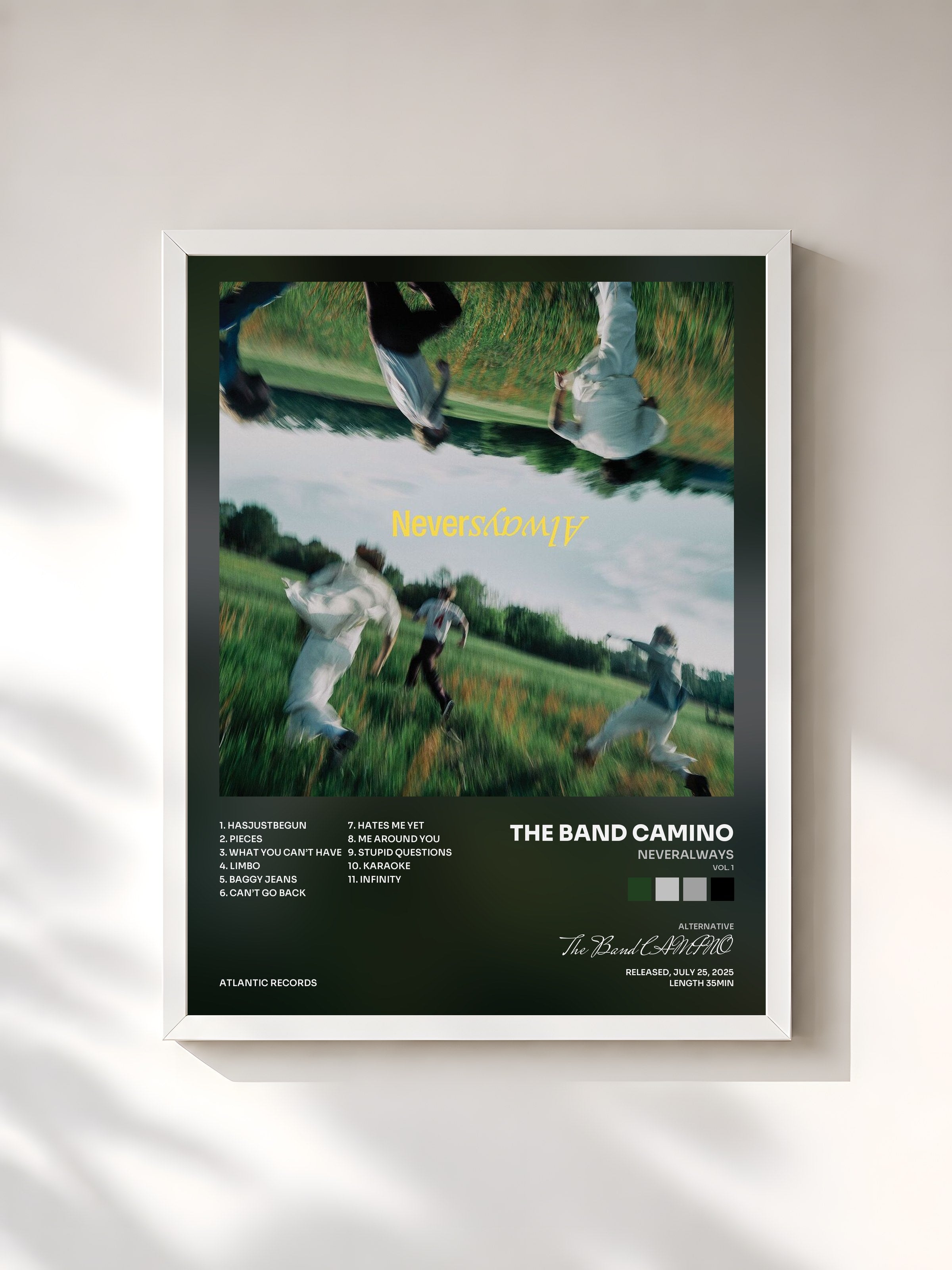 #blanc Tableau de l'album NeverAlways (Vol. 1) de The Band CAMINO, cadre blanc, imprimé et encadré en France