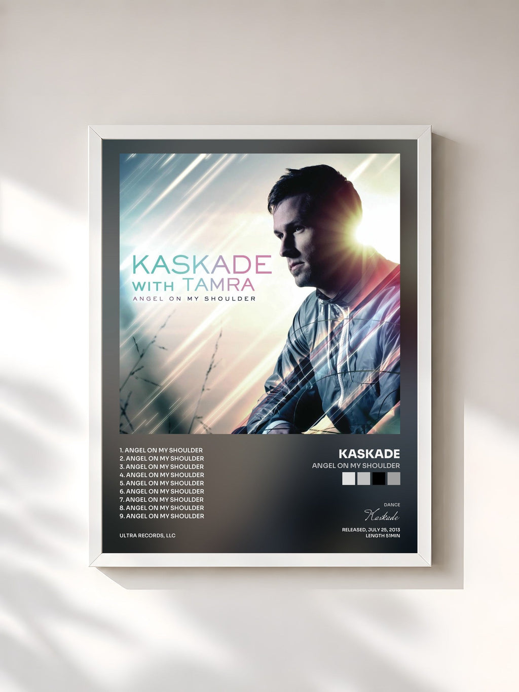 #blanc Tableau de l'album Angel on My Shoulder de Kaskade, cadre blanc, imprimé et encadré en France