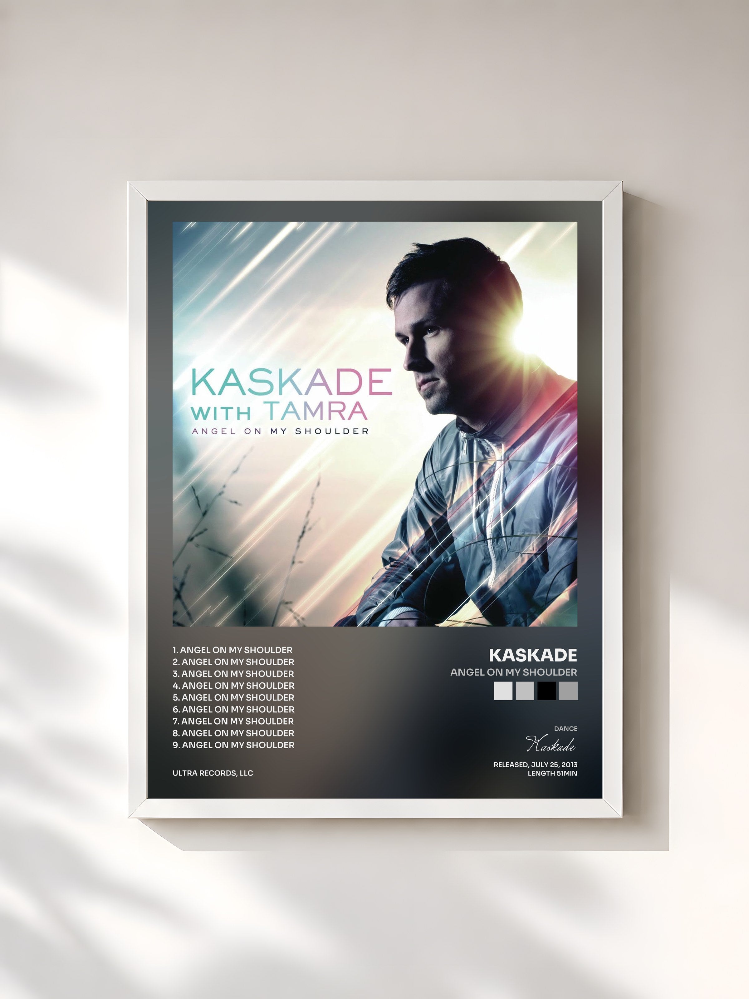 #blanc Tableau de l'album Angel on My Shoulder de Kaskade, cadre blanc, imprimé et encadré en France