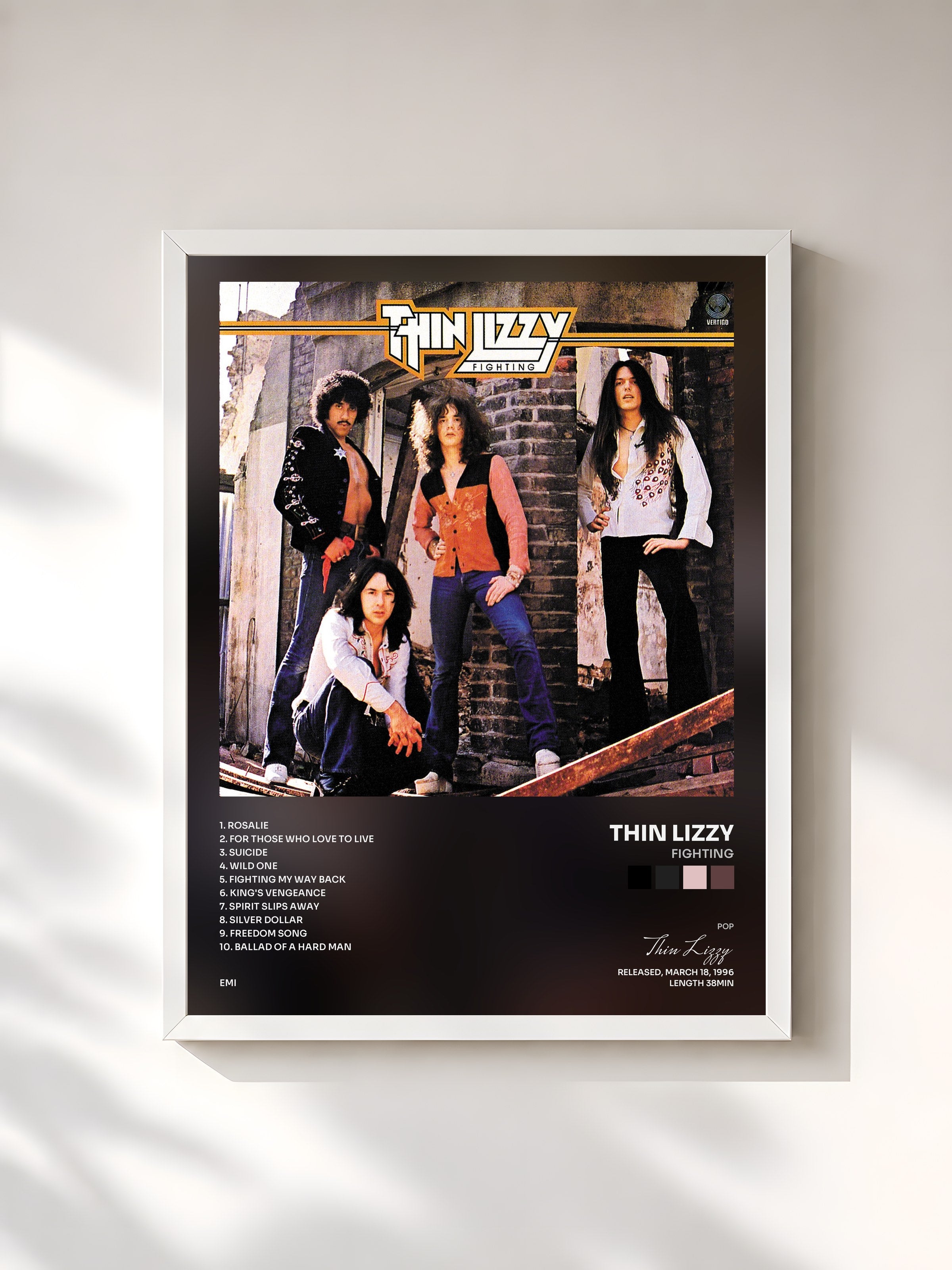 #blanc Tableau de l'album Fighting de Thin Lizzy, cadre blanc, imprimé et encadré en France