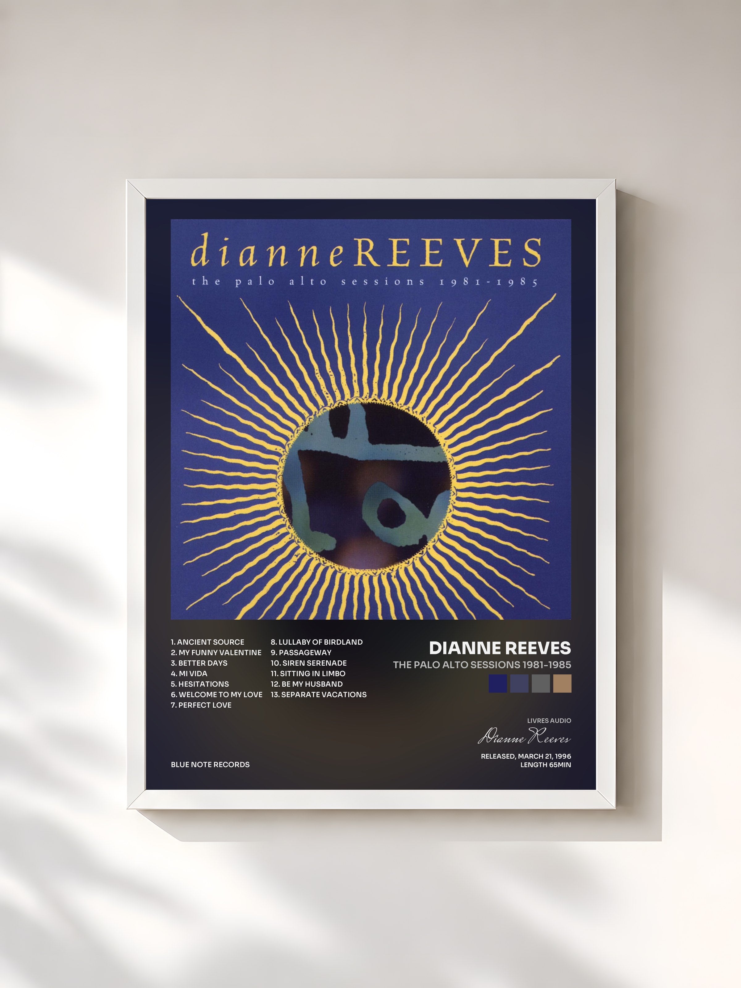 #blanc Tableau de l'album The Palo Alto Sessions 1981-1985 de Dianne Reeves, cadre blanc, imprimé et encadré en France