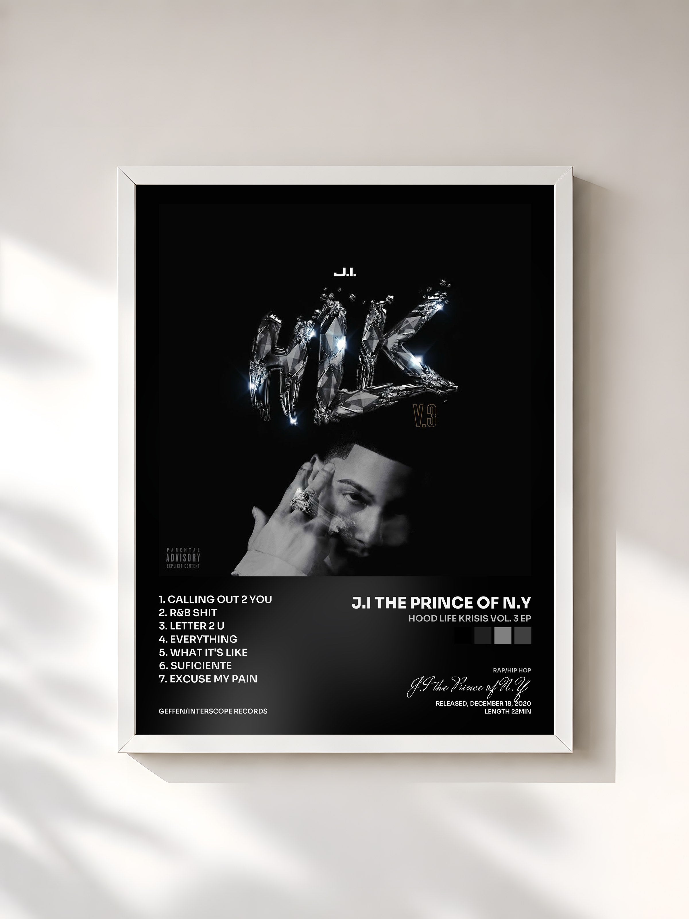 #blanc Tableau de l'album Hood Life Krisis Vol. 3 EP de J.I the Prince of N.Y, cadre blanc, imprimé et encadré en France