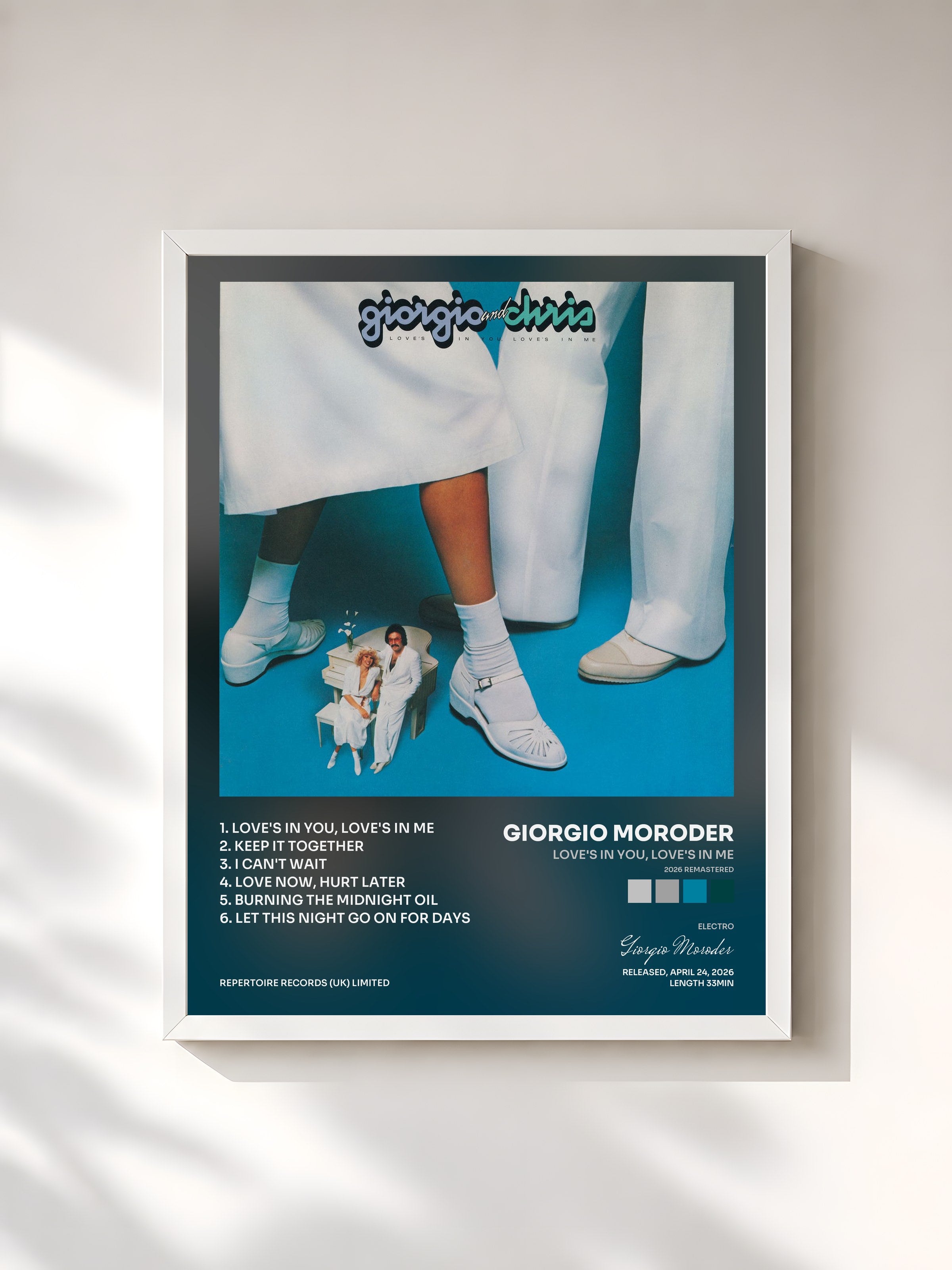 #blanc Tableau de l'album Love's In You, Love's In Me (2026 Remastered) de Giorgio Moroder, cadre blanc, imprimé et encadré en France