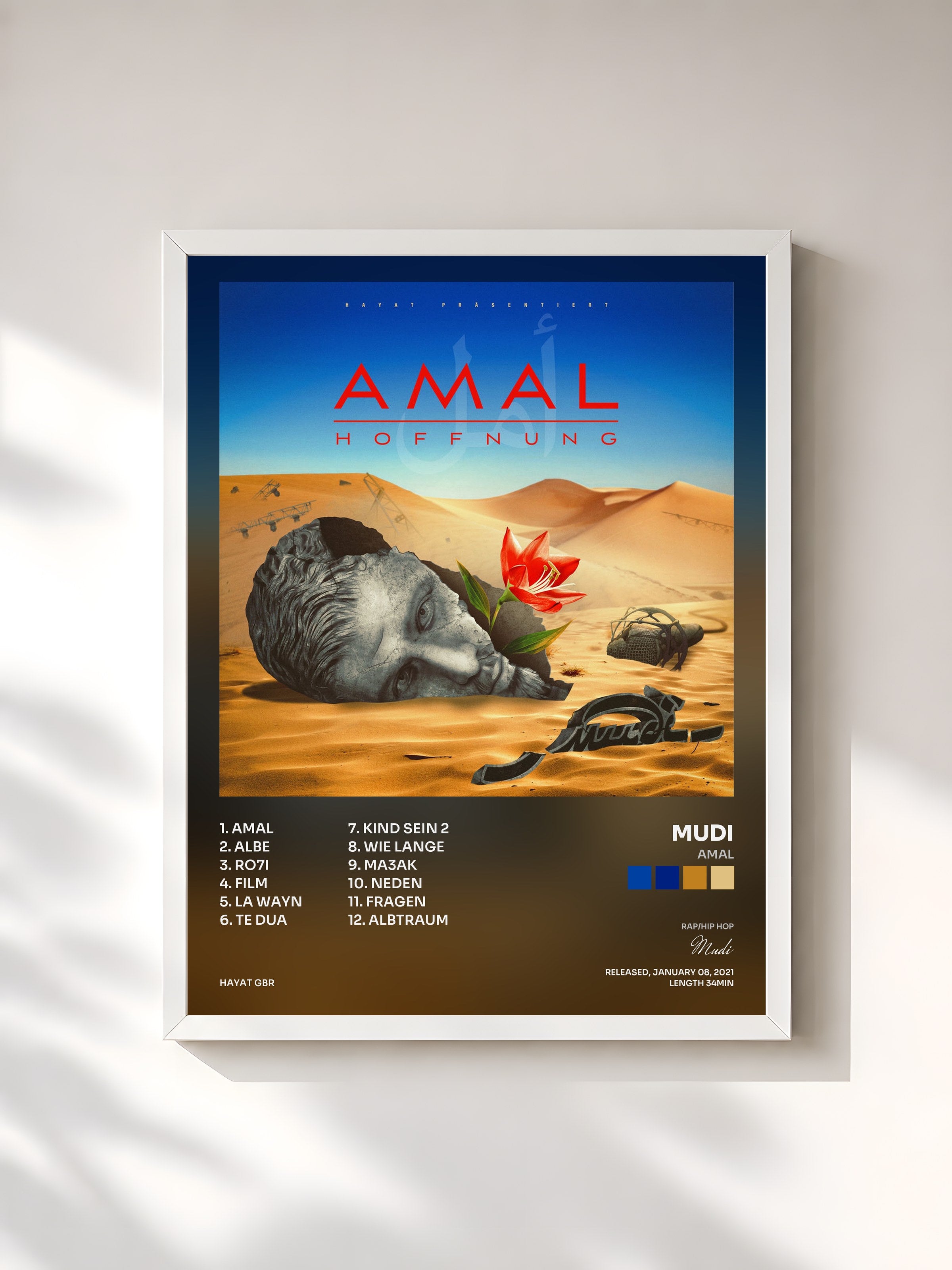 #blanc Tableau de l'album Amal de Mudi, cadre blanc, imprimé et encadré en France