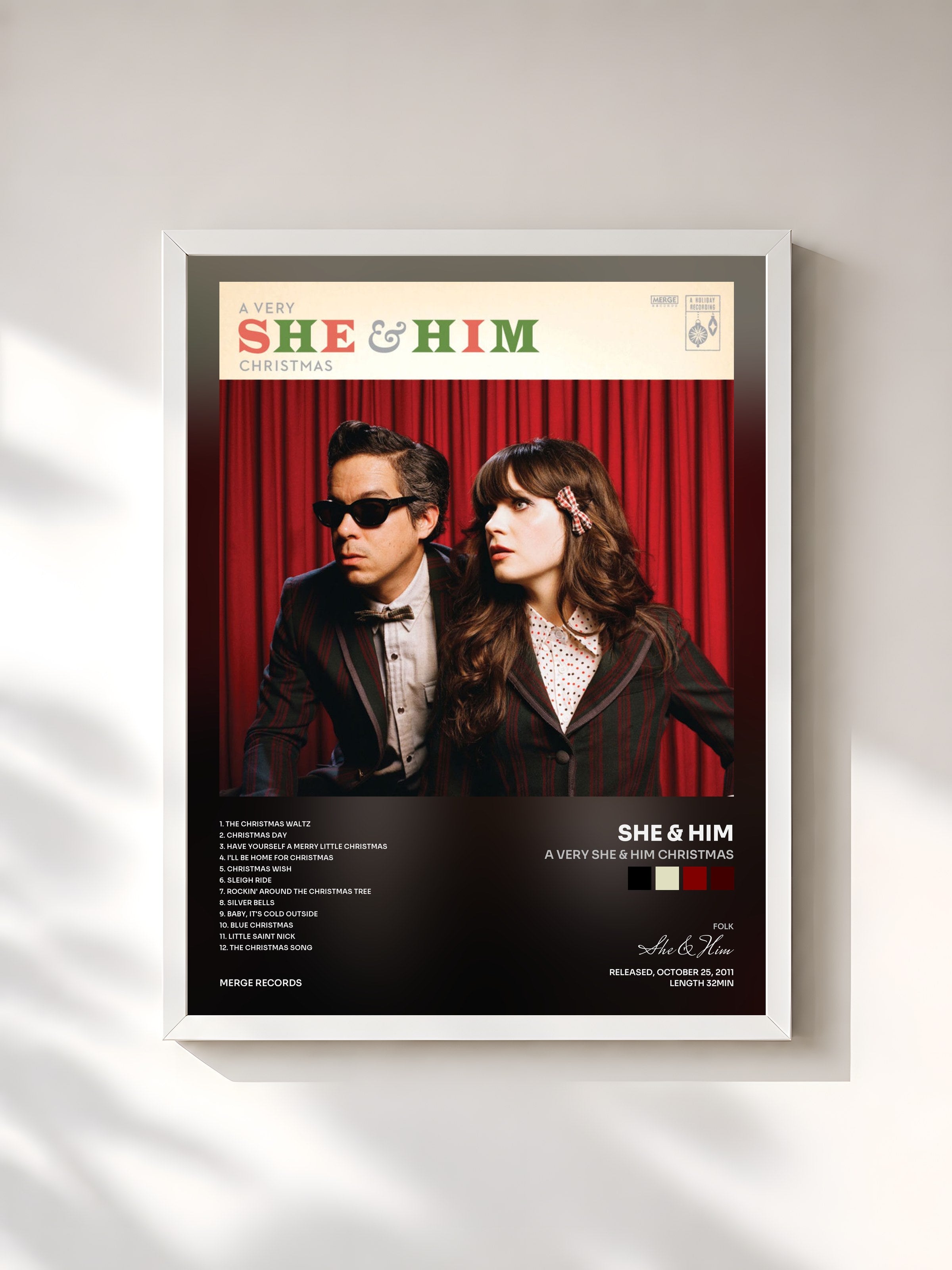 #blanc Tableau de l'album A Very She & Him Christmas de She & Him, cadre blanc, imprimé et encadré en France