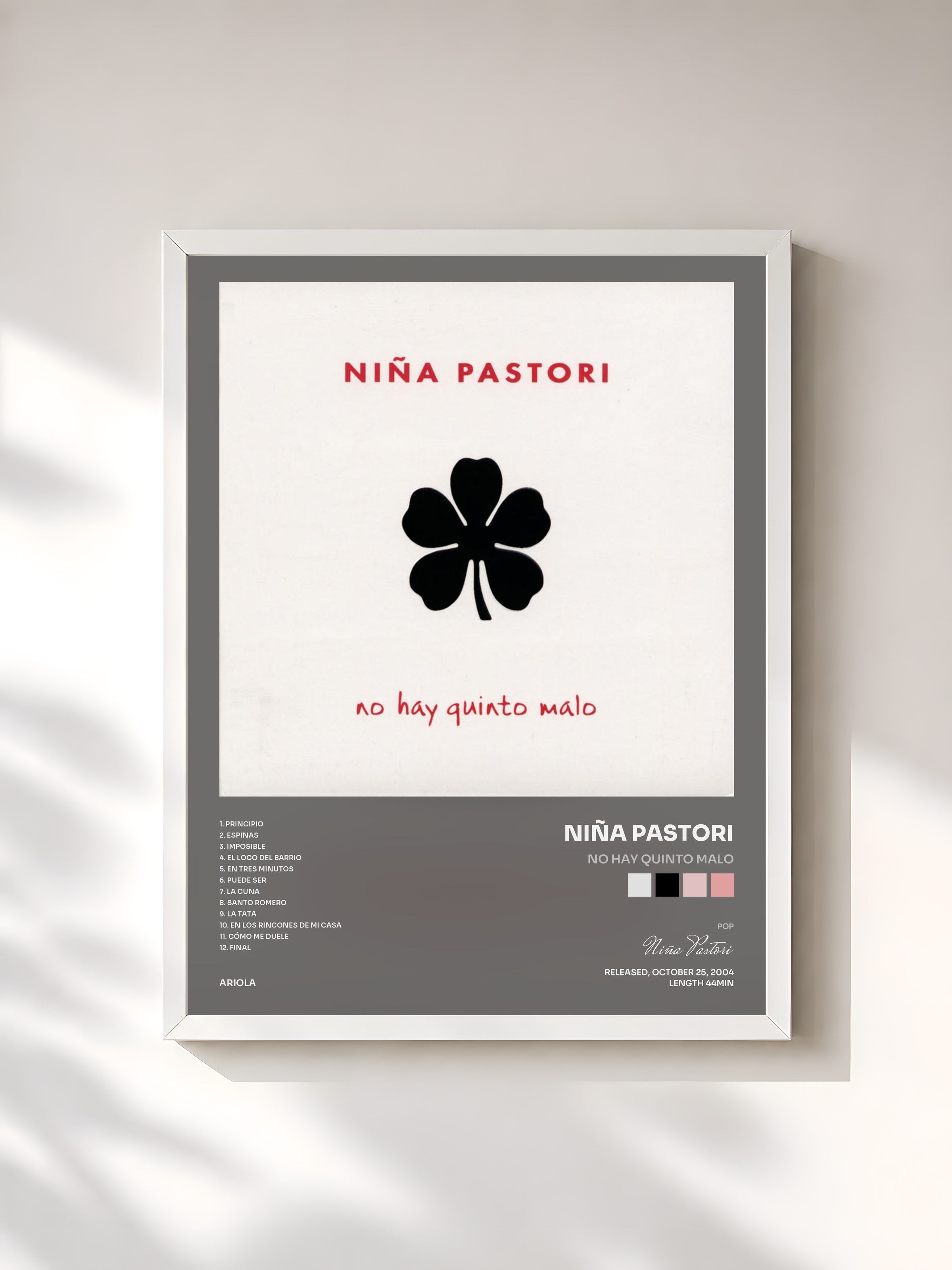 #blanc Tableau de l'album No Hay Quinto Malo de Niña Pastori, cadre blanc, imprimé et encadré en France