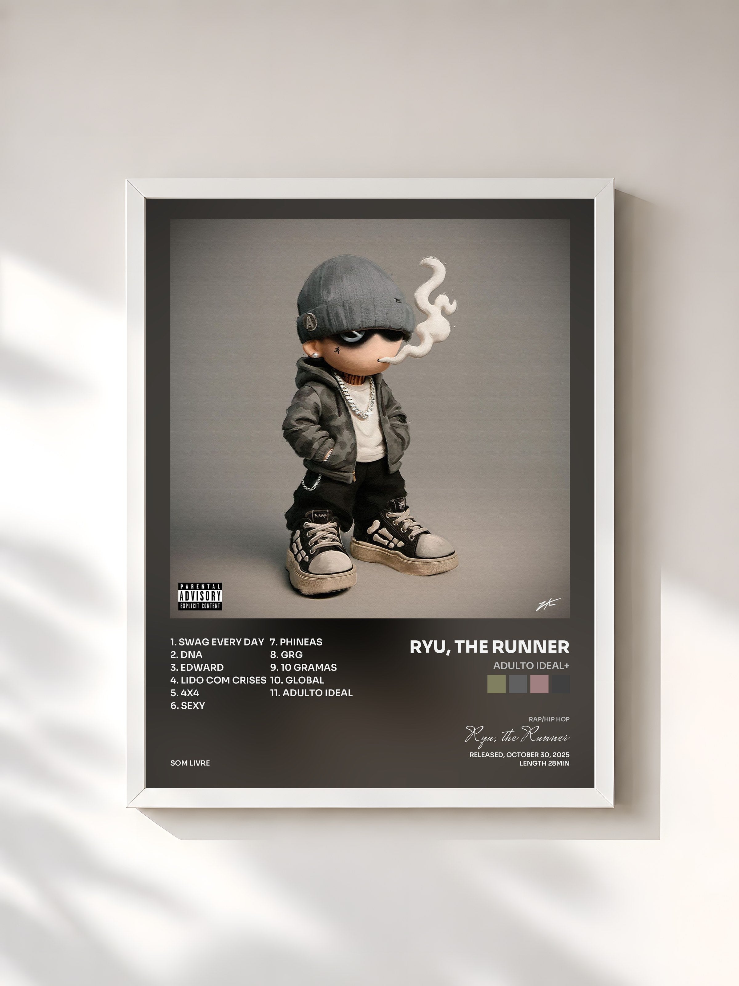 #blanc Tableau de l'album ADULTO IDEAL+ de Ryu, the Runner, cadre blanc, imprimé et encadré en France