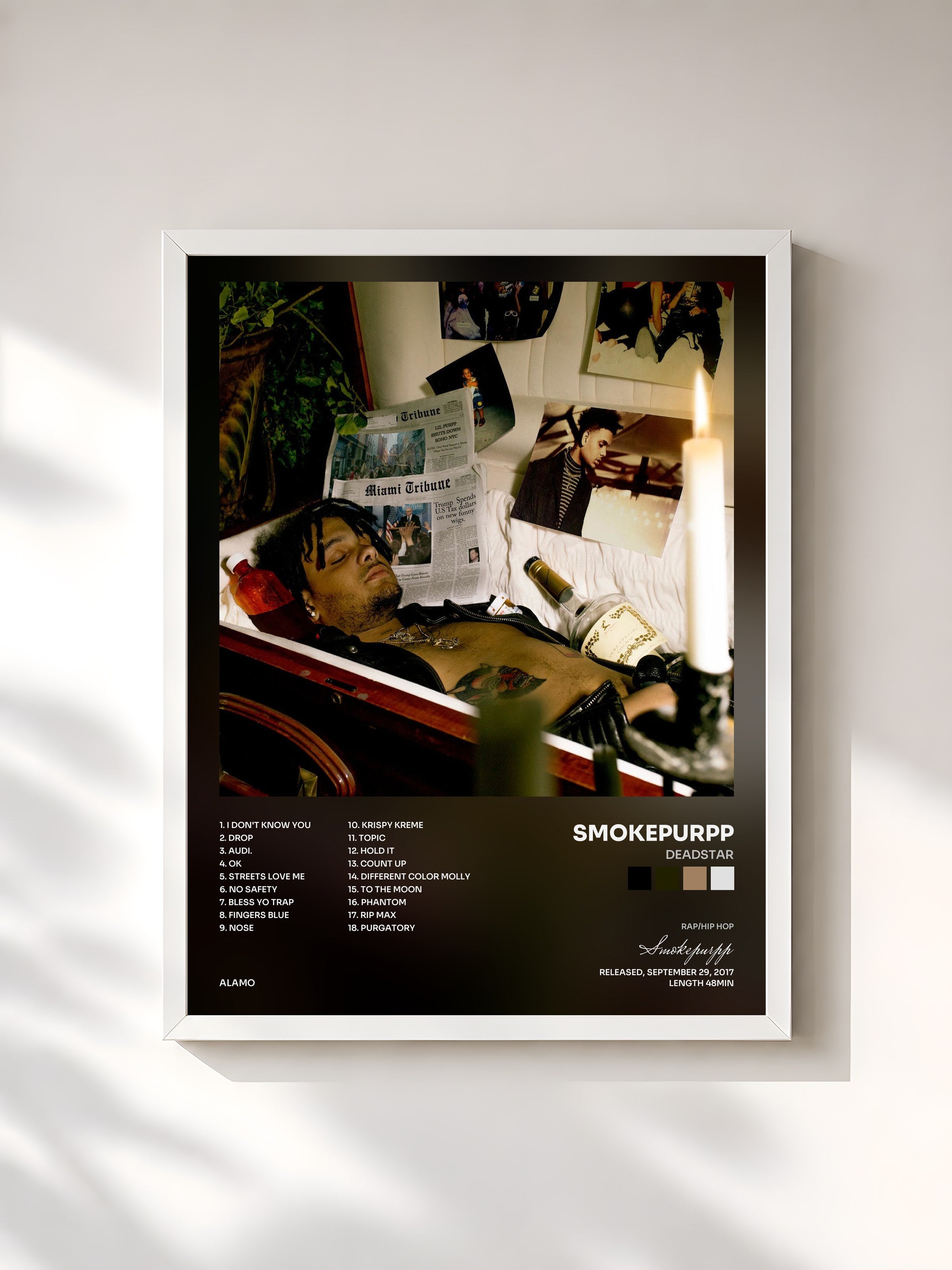 #blanc Tableau de l'album Deadstar de Smokepurpp, cadre blanc, imprimé et encadré en France
