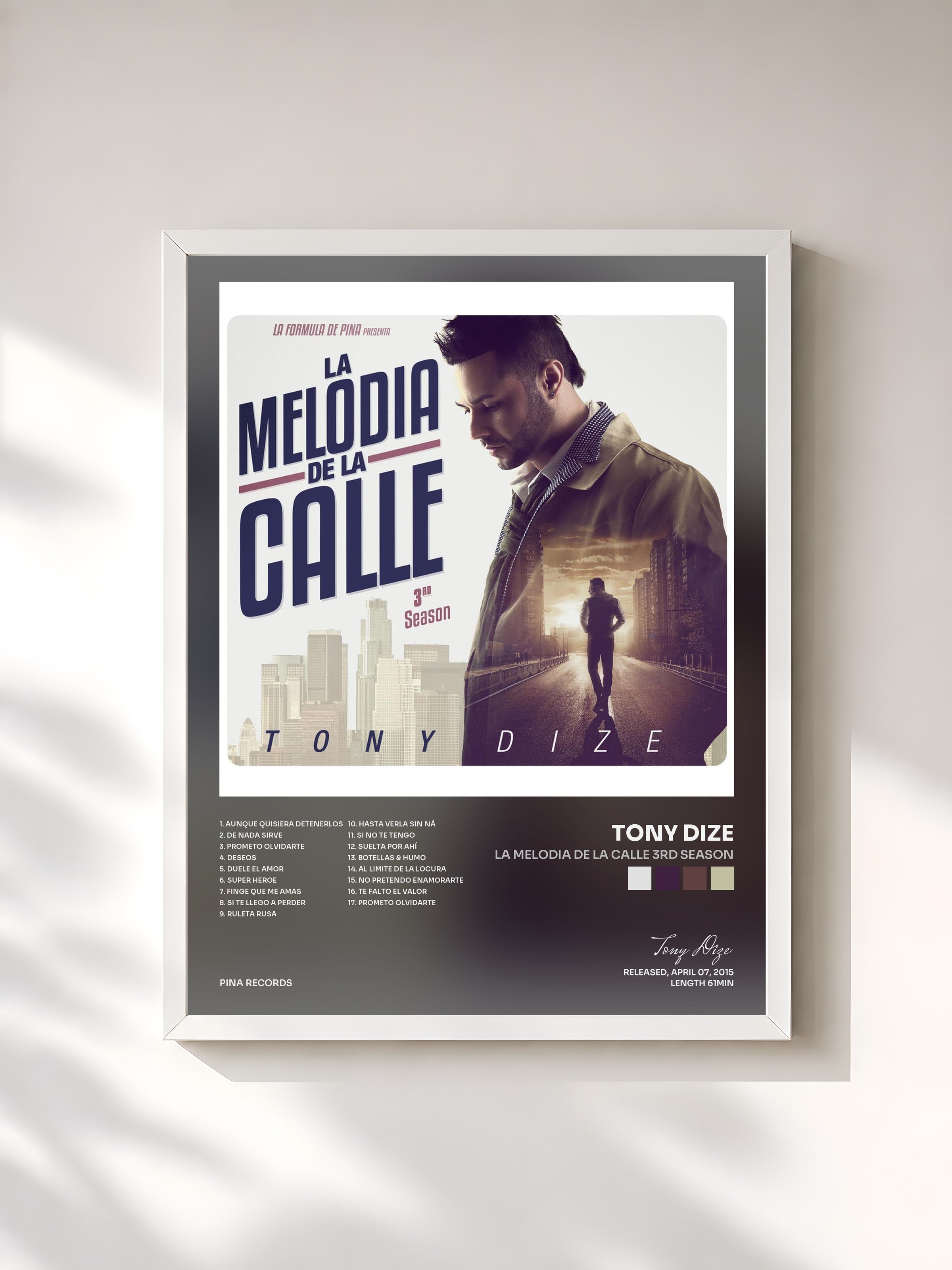 #blanc Tableau de l'album La Melodia De La Calle 3rd Season de Tony Dize, cadre blanc, imprimé et encadré en France