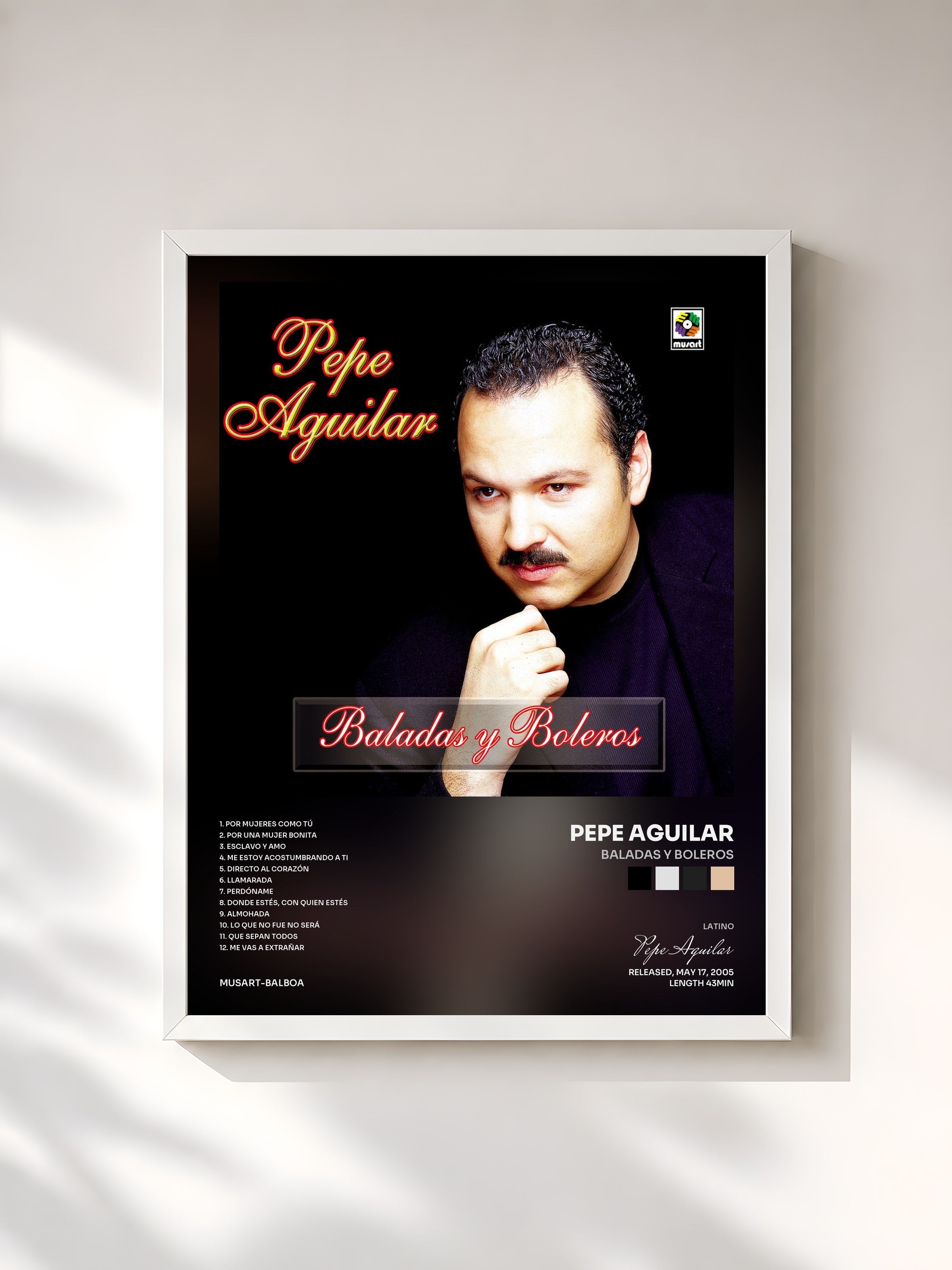 #blanc Tableau de l'album Baladas Y Boleros de Pepe Aguilar, cadre blanc, imprimé et encadré en France