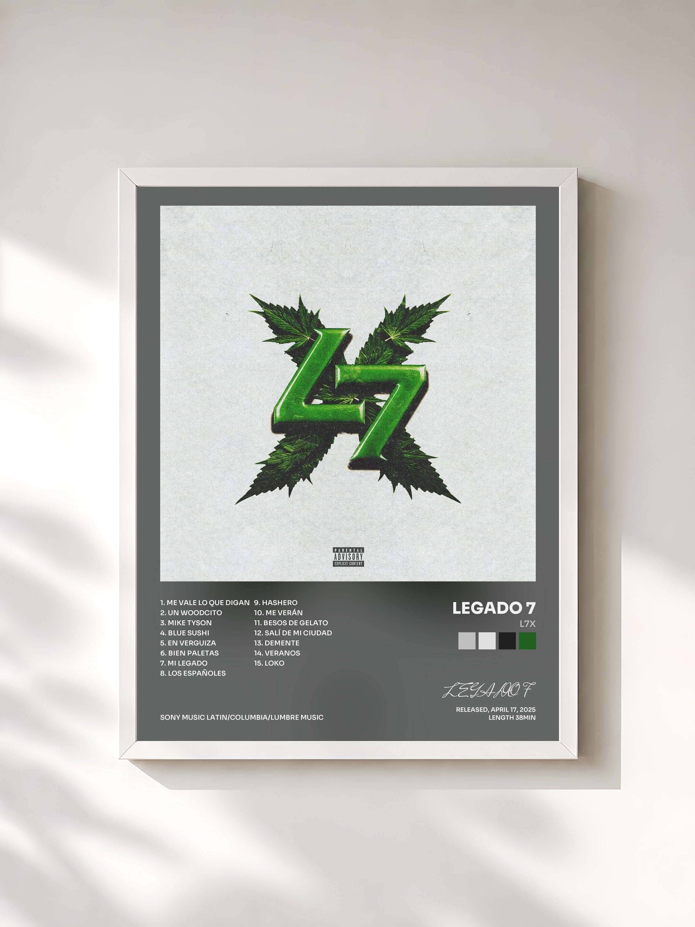 #blanc Tableau de l'album L7X de LEGADO 7, cadre blanc, imprimé et encadré en France