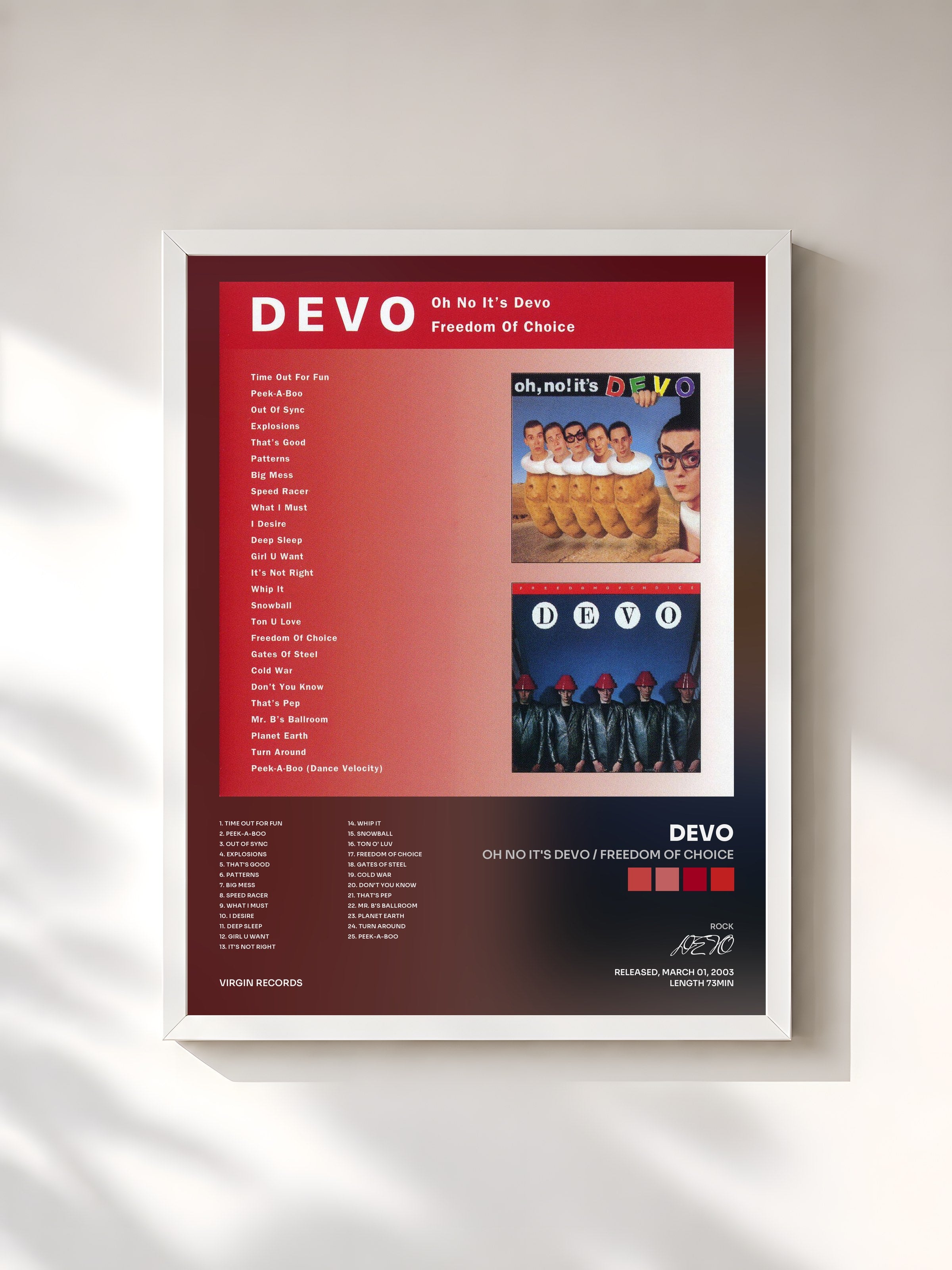 #blanc Tableau de l'album Oh No It's Devo / Freedom Of Choice de DEVO, cadre blanc, imprimé et encadré en France