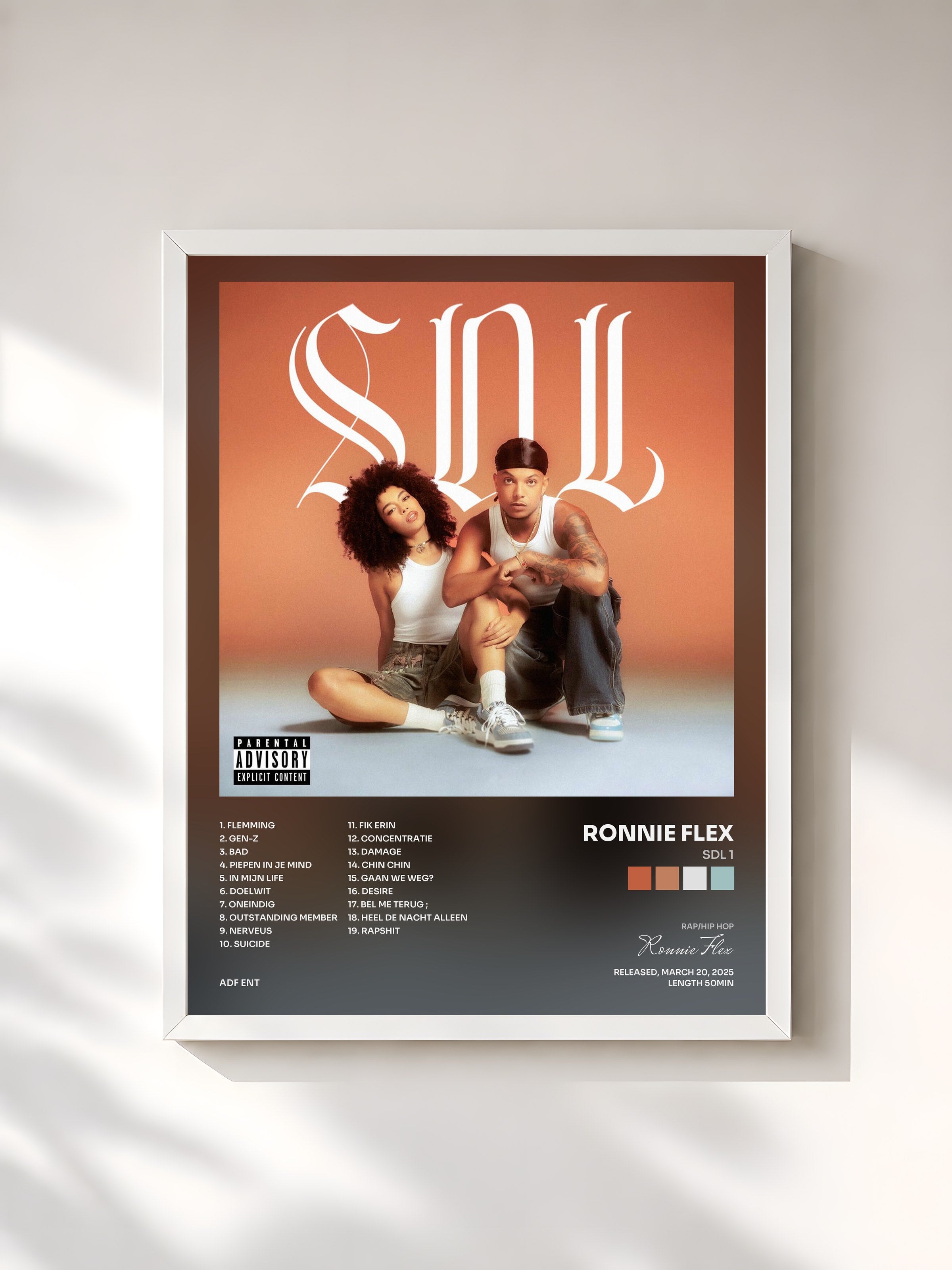 #blanc Tableau de l'album SDL 1 de Ronnie Flex, cadre blanc, imprimé et encadré en France