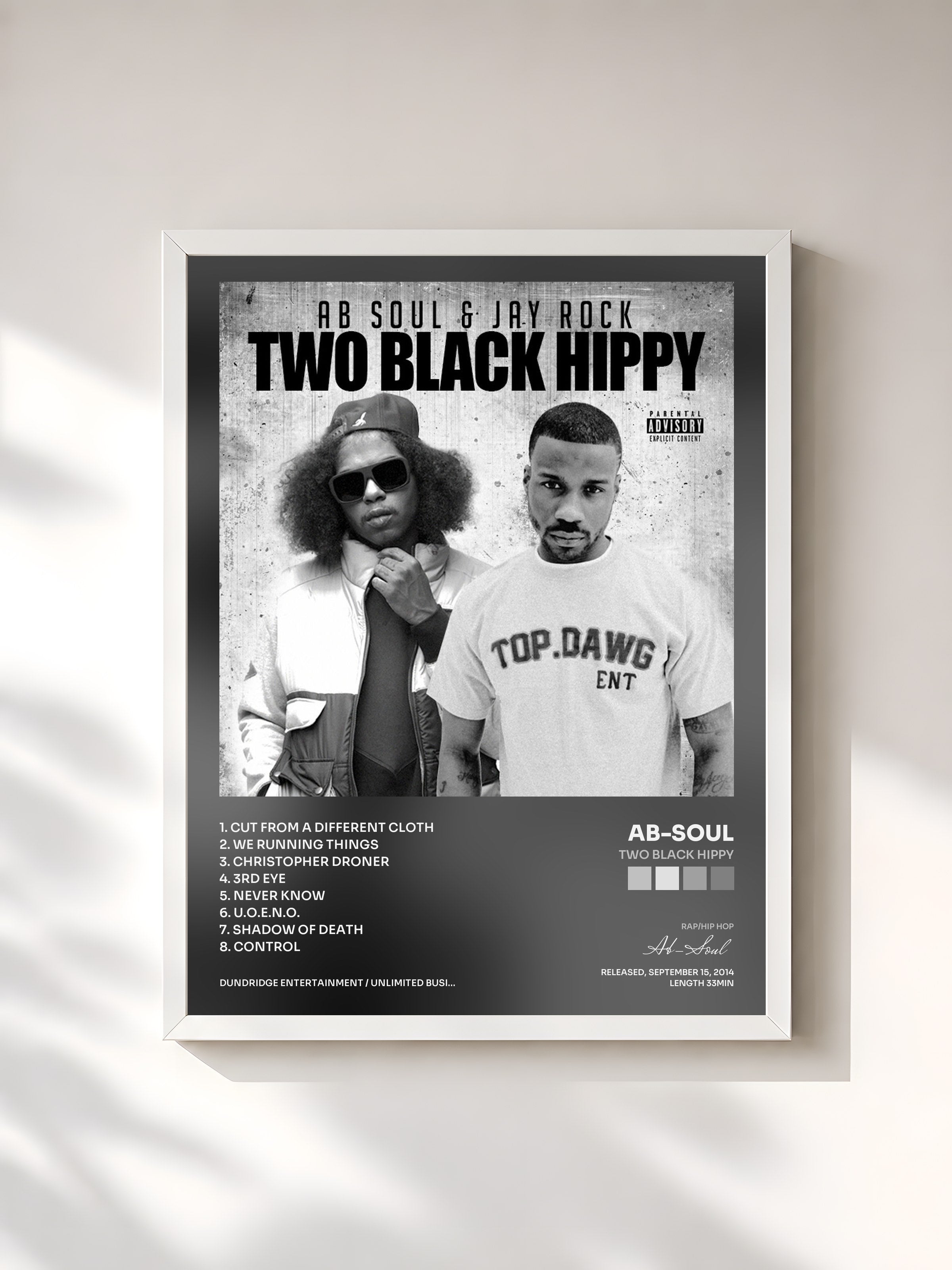 #blanc Tableau de l'album Two Black Hippy de Ab-Soul, cadre blanc, imprimé et encadré en France