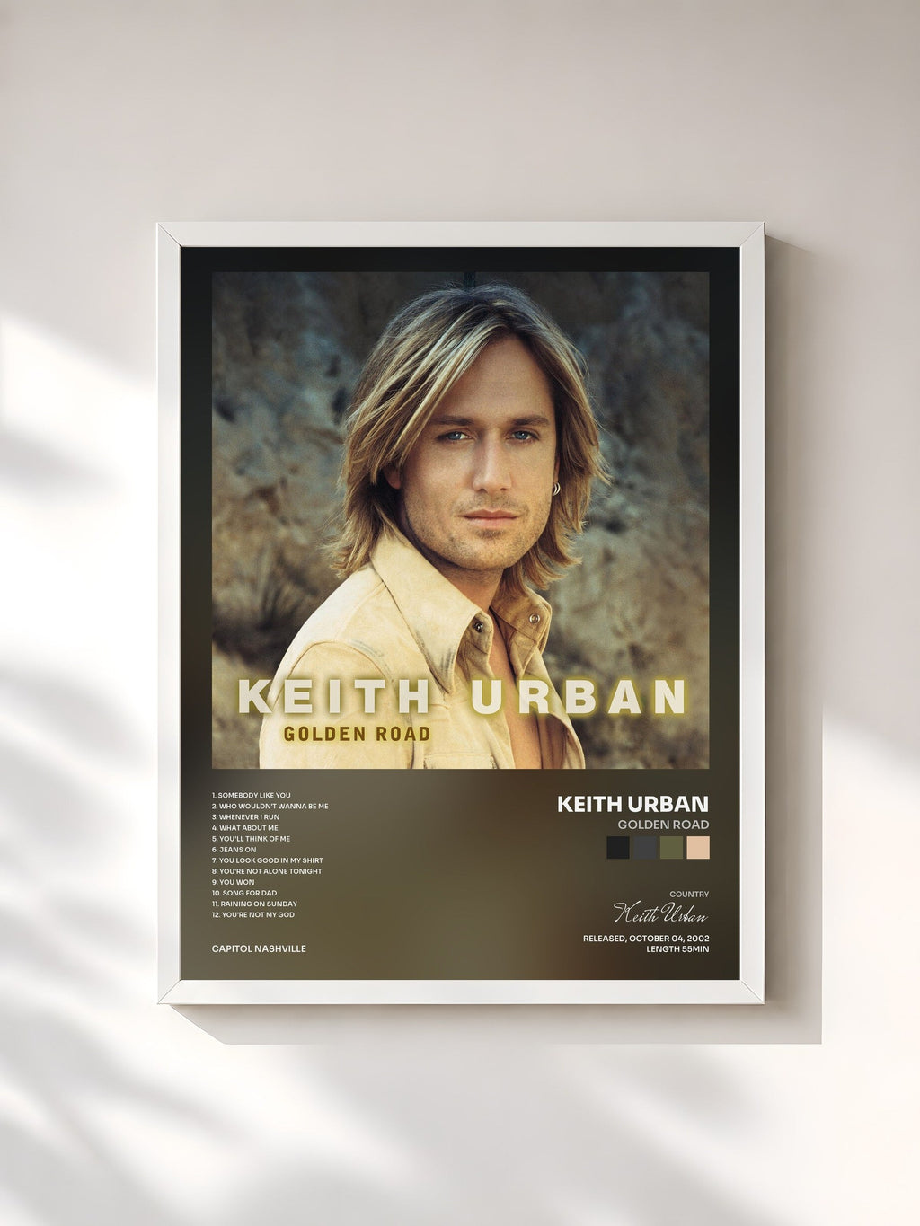 #blanc Golden Road by Keith Urban as a framed art print, white frame, printed and framed in France