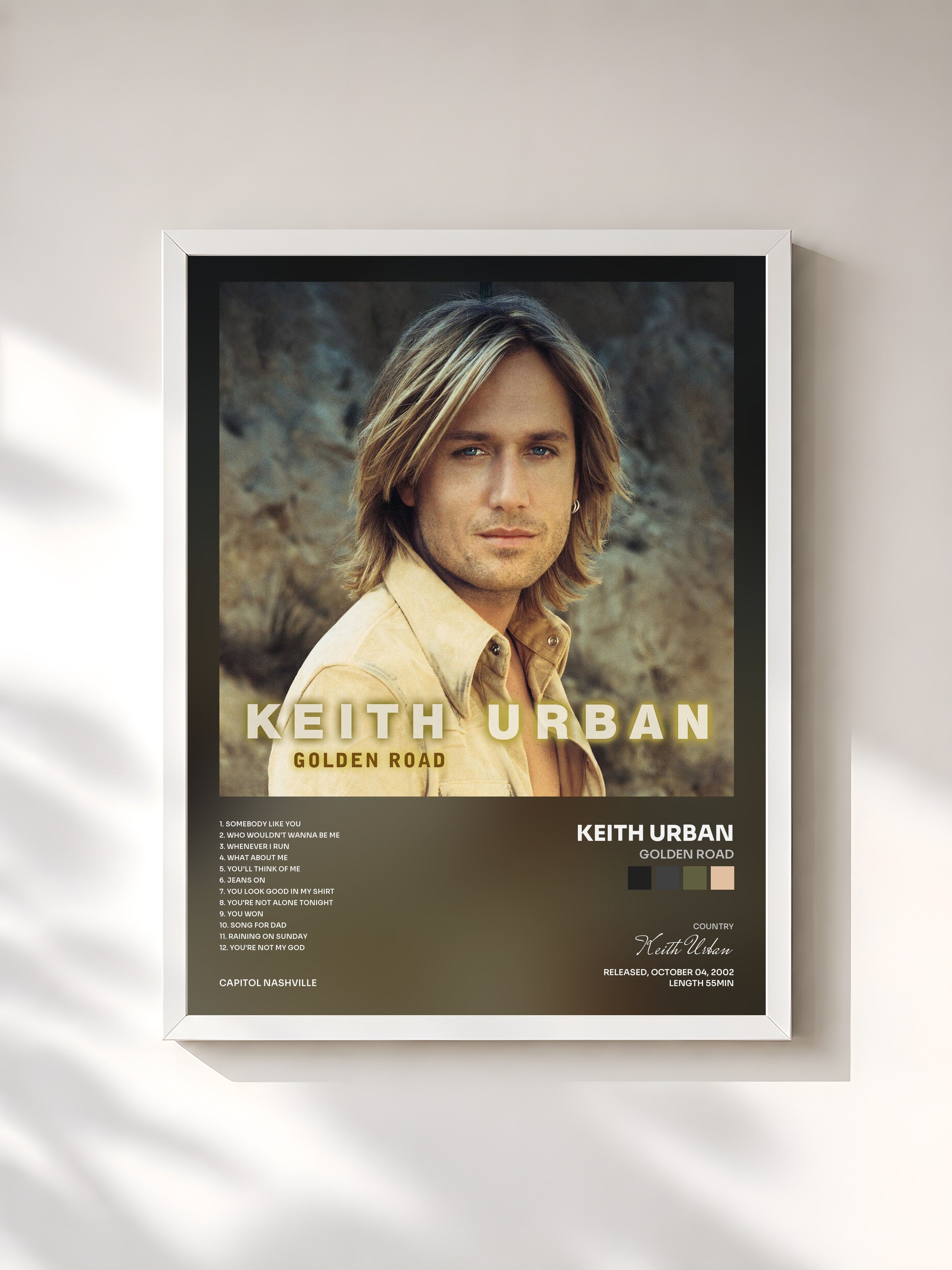 #blanc Tableau de l'album Golden Road de Keith Urban, cadre blanc, imprimé et encadré en France
