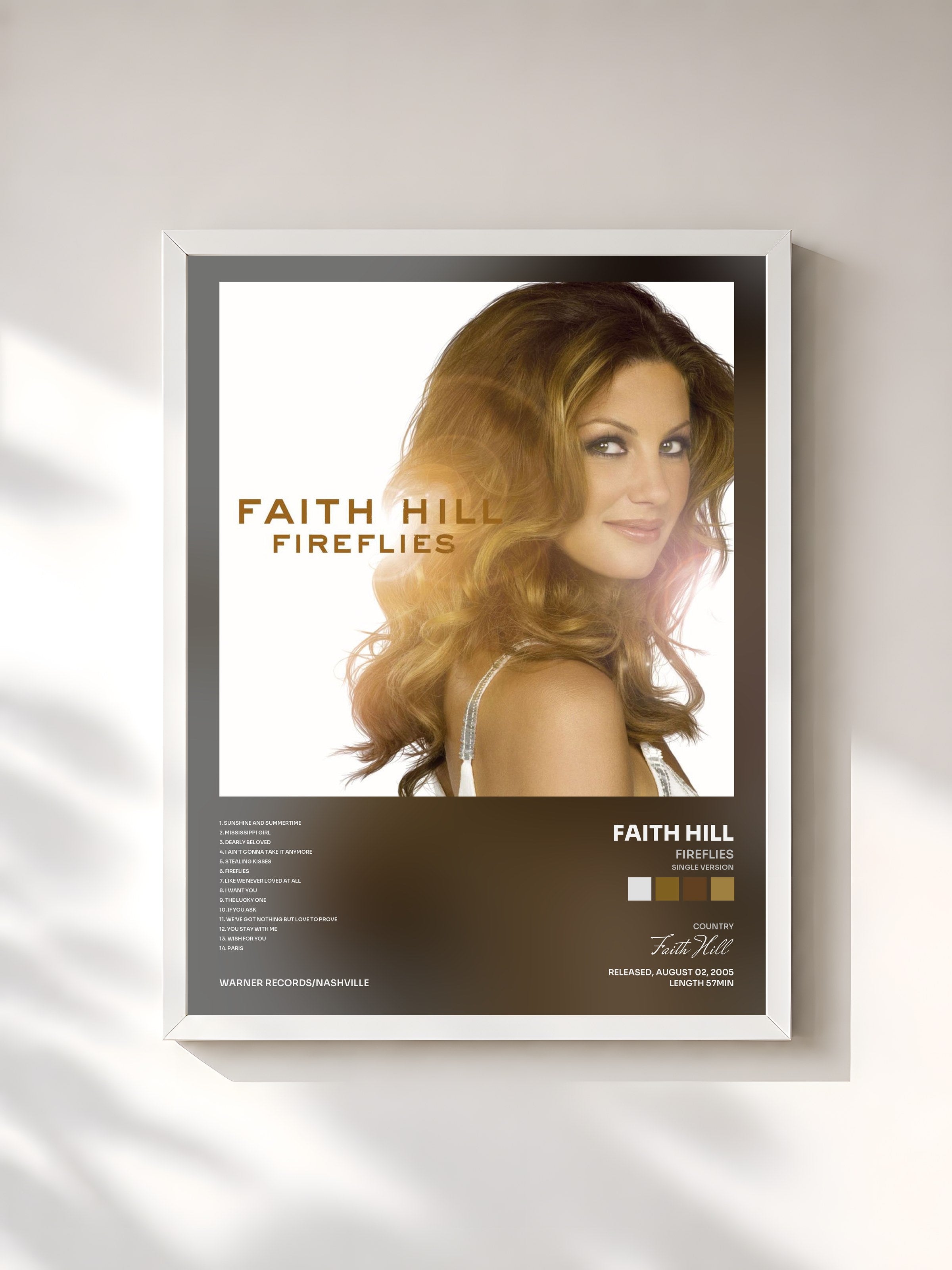 #blanc Tableau de l'album Fireflies (Single Version) de Faith Hill, cadre blanc, imprimé et encadré en France