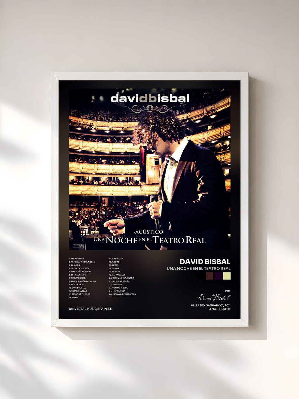 #blanc Tableau de l'album Una Noche En El Teatro Real de David Bisbal, cadre blanc, imprimé et encadré en France