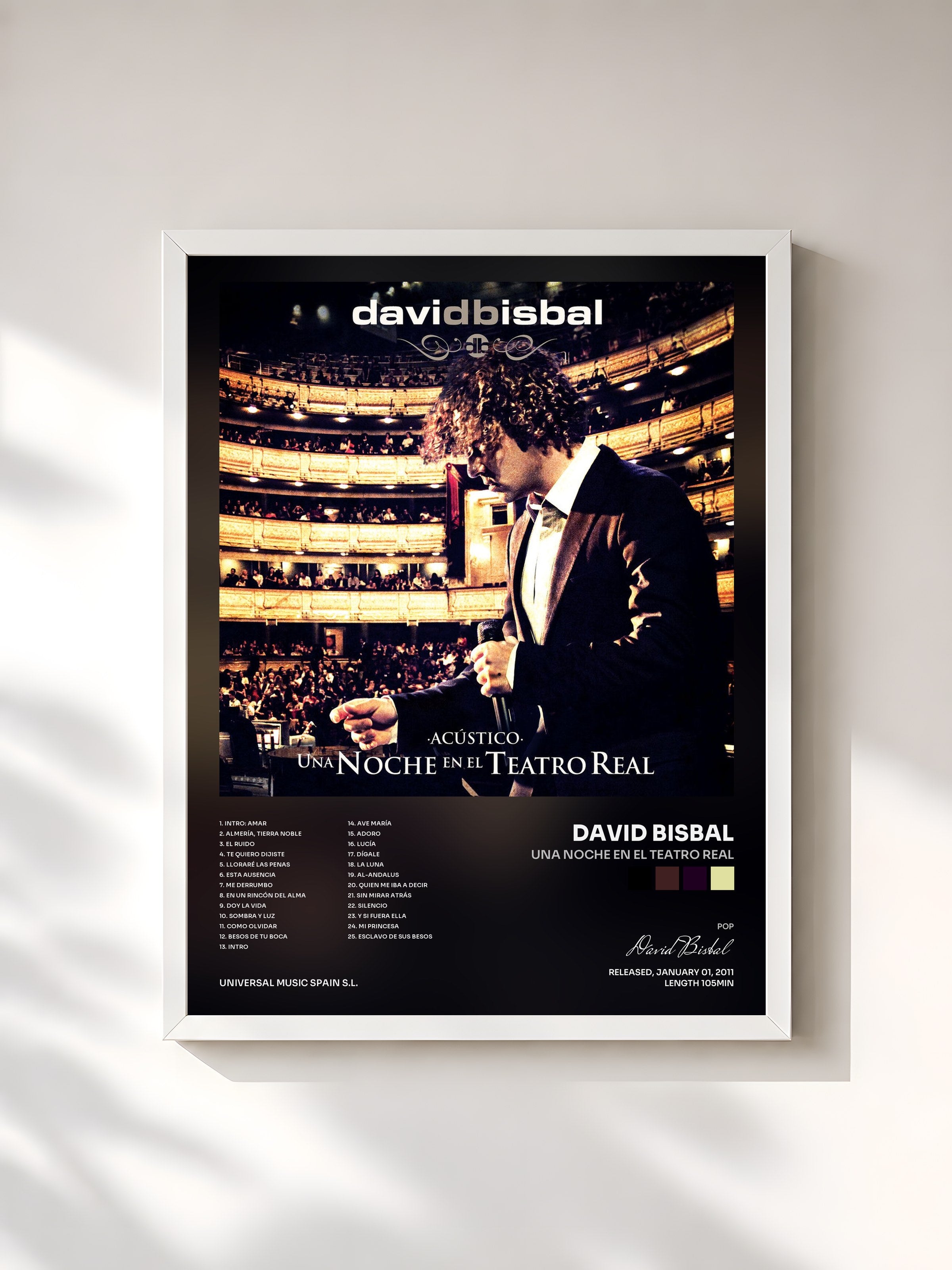 #blanc Tableau de l'album Una Noche En El Teatro Real de David Bisbal, cadre blanc, imprimé et encadré en France