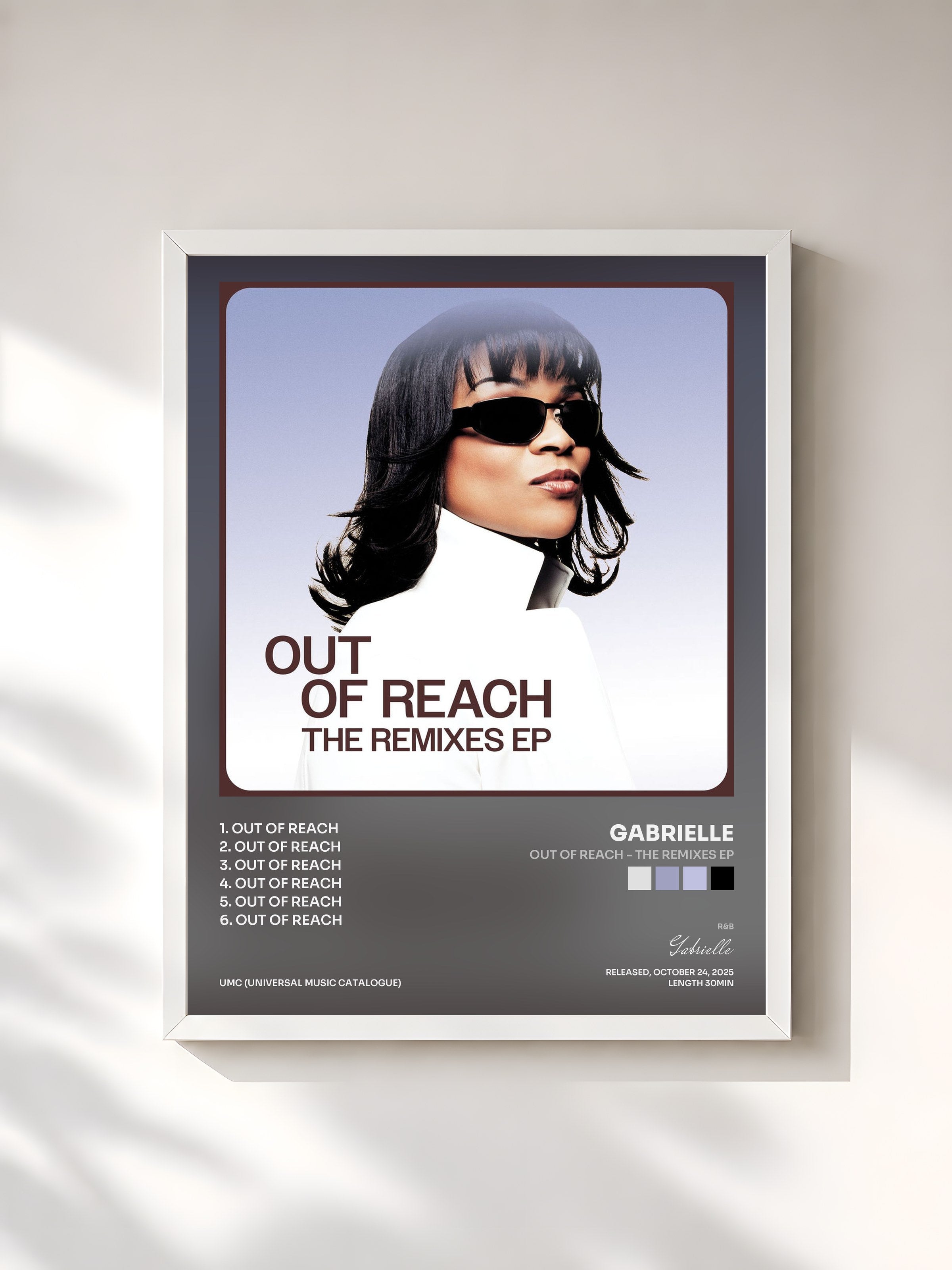 #blanc Tableau de l'album Out Of Reach - The Remixes EP de Gabrielle, cadre blanc, imprimé et encadré en France