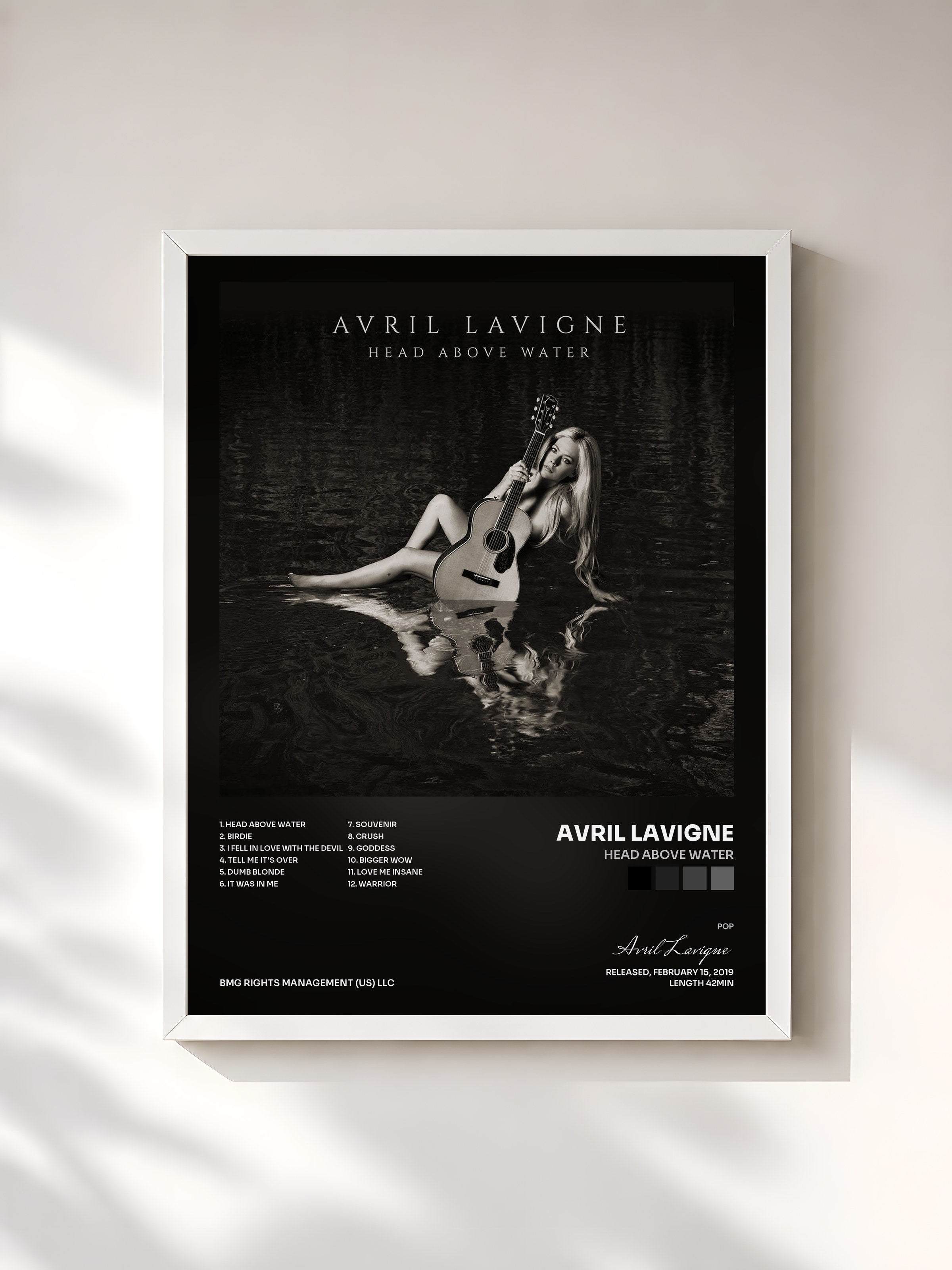 #blanc Tableau de l'album Head Above Water de Avril Lavigne, cadre blanc, imprimé et encadré en France