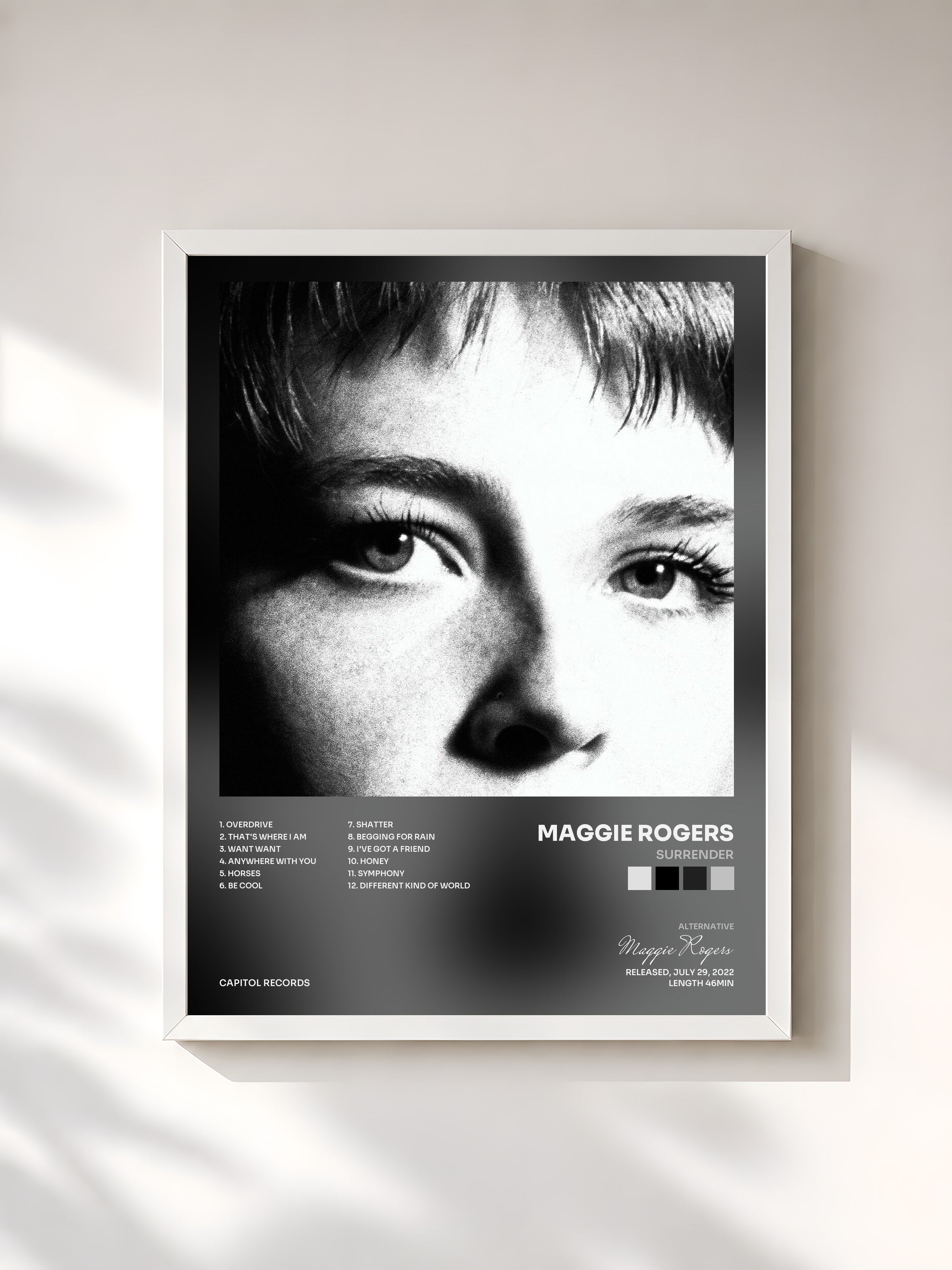 #blanc Tableau de l'album Surrender de Maggie Rogers, cadre blanc, imprimé et encadré en France