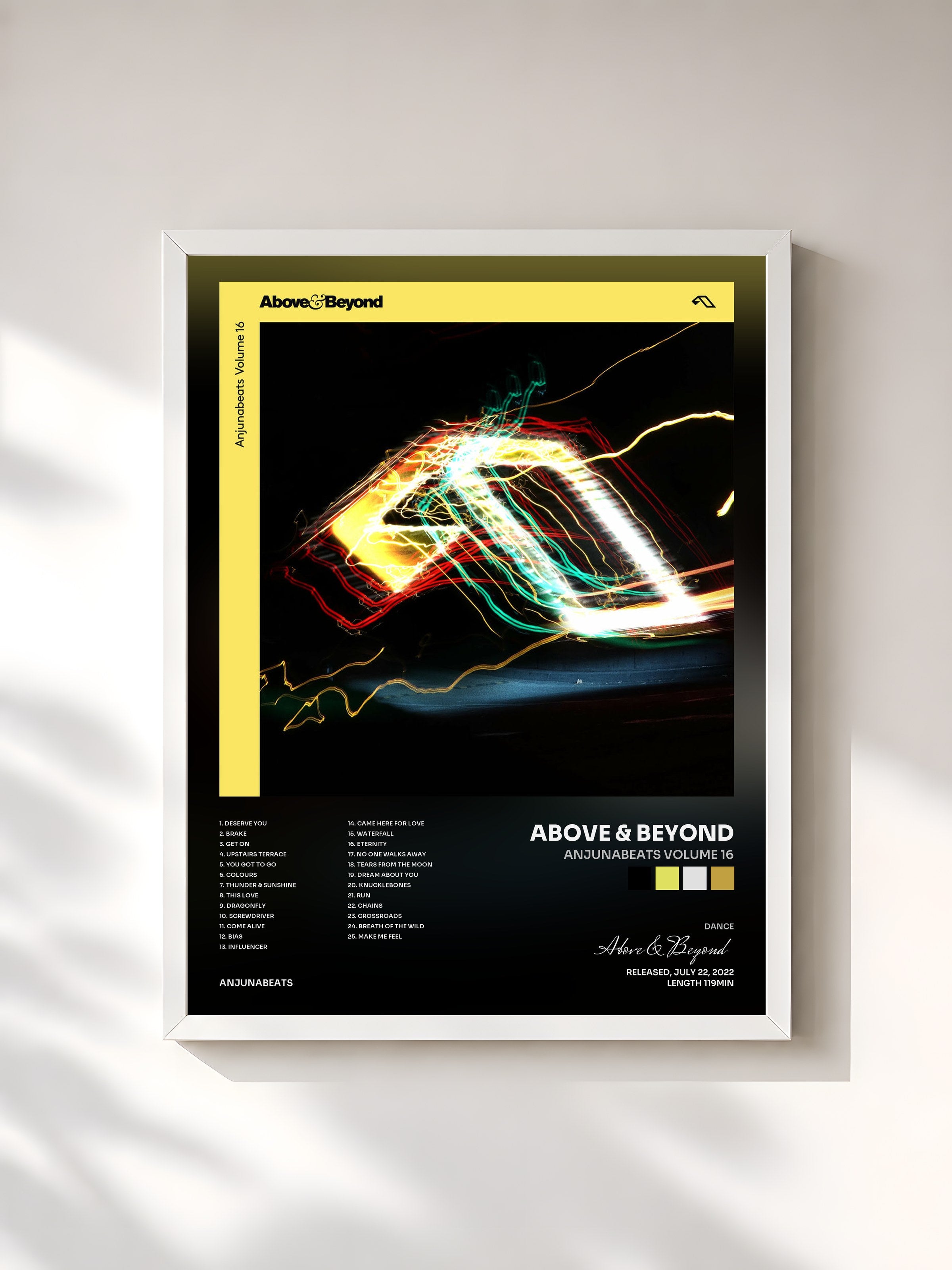 #blanc Tableau de l'album Anjunabeats Volume 16 de Above & Beyond, cadre blanc, imprimé et encadré en France